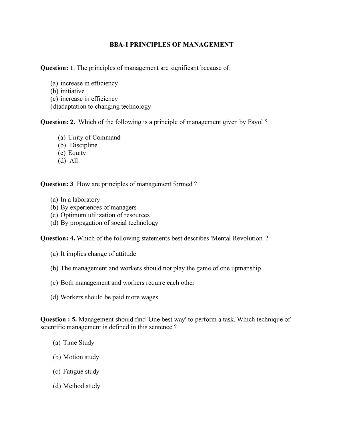 EXAM Paper, (BBA-MBA ), I Principle Of Management - BBA-I PRINCIPLES OF ...