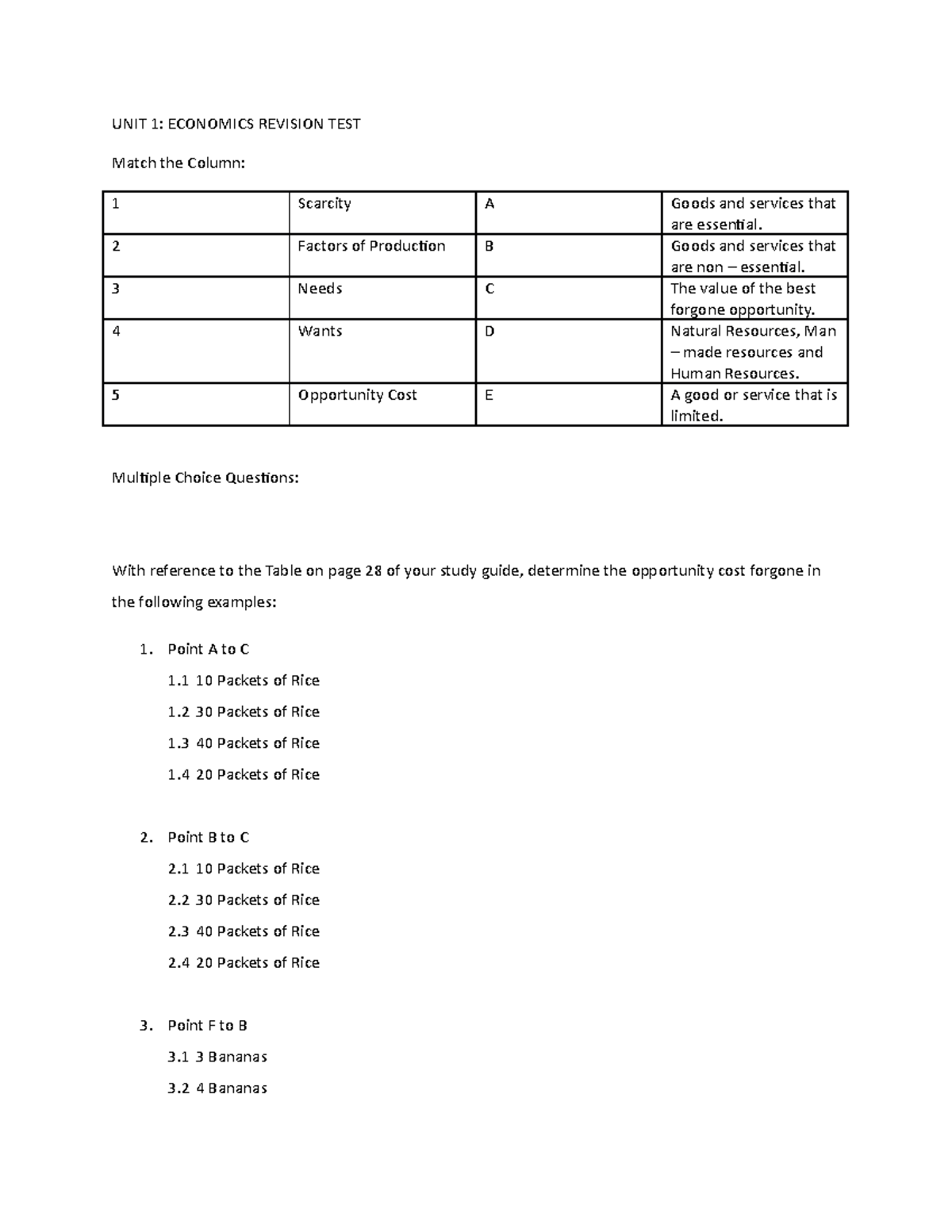 Week 1 eco1 1 Revision Test word cn - UNIT 1: ECONOMICS REVISION TEST ...