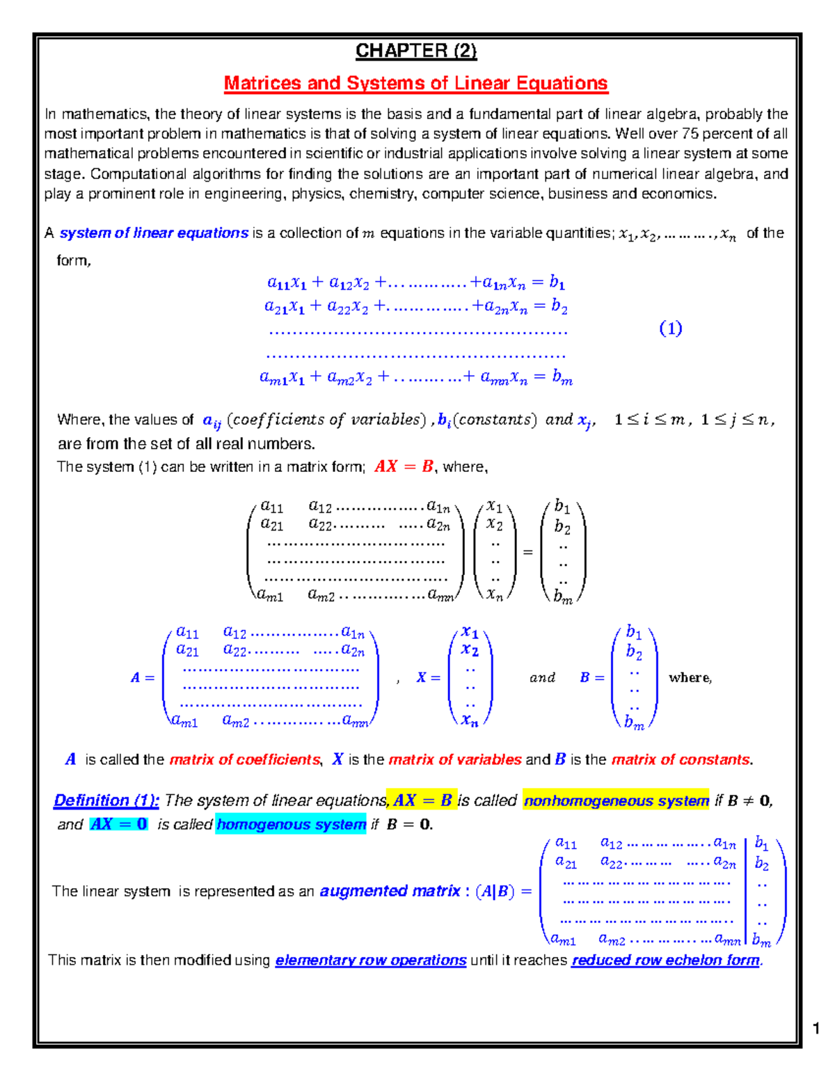 Solving systems of linear equations Exercise - CHAPTER (2) Matrices and ...