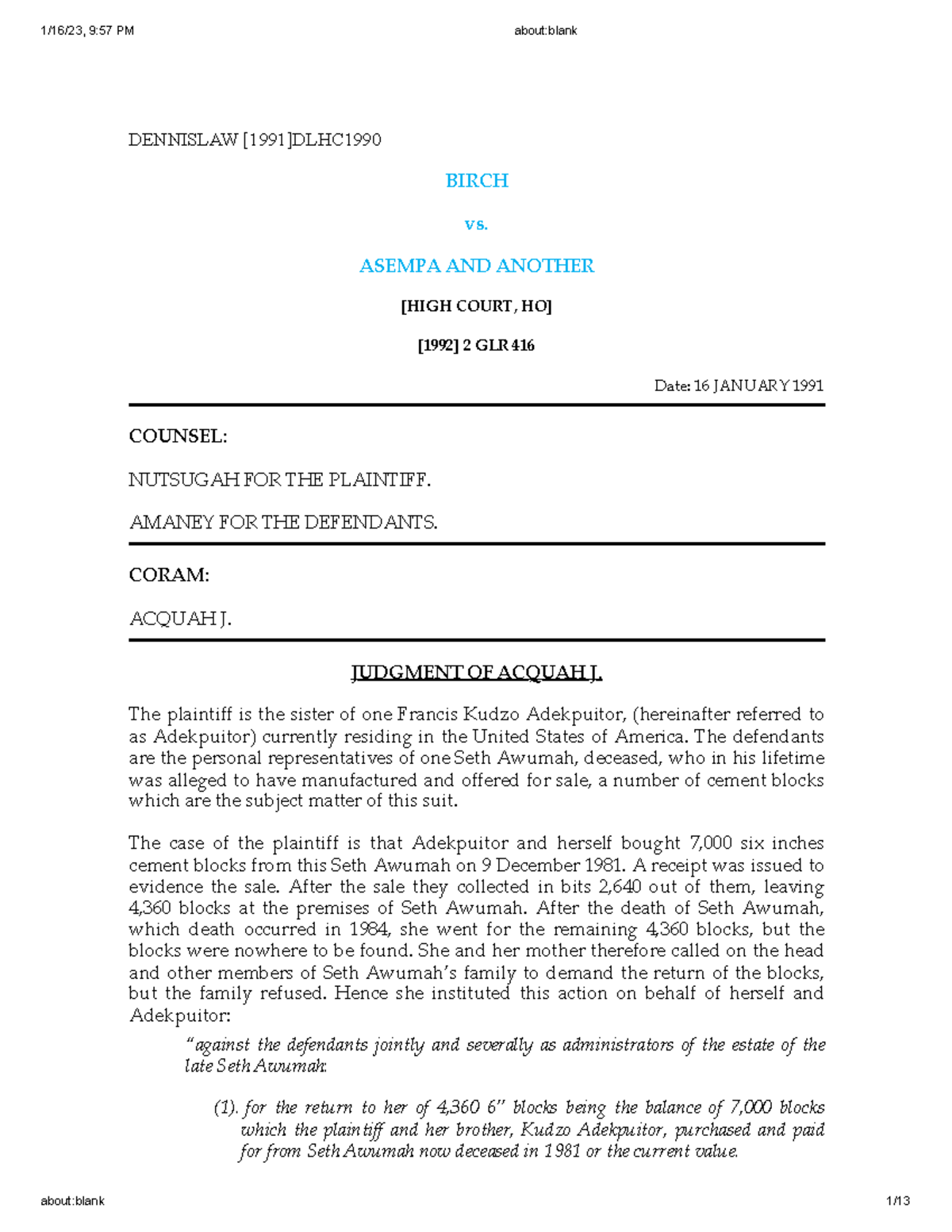 Birch v Asempa Cases DENNISLAW [1991]DLHC BIRCH vs. ASEMPA AND