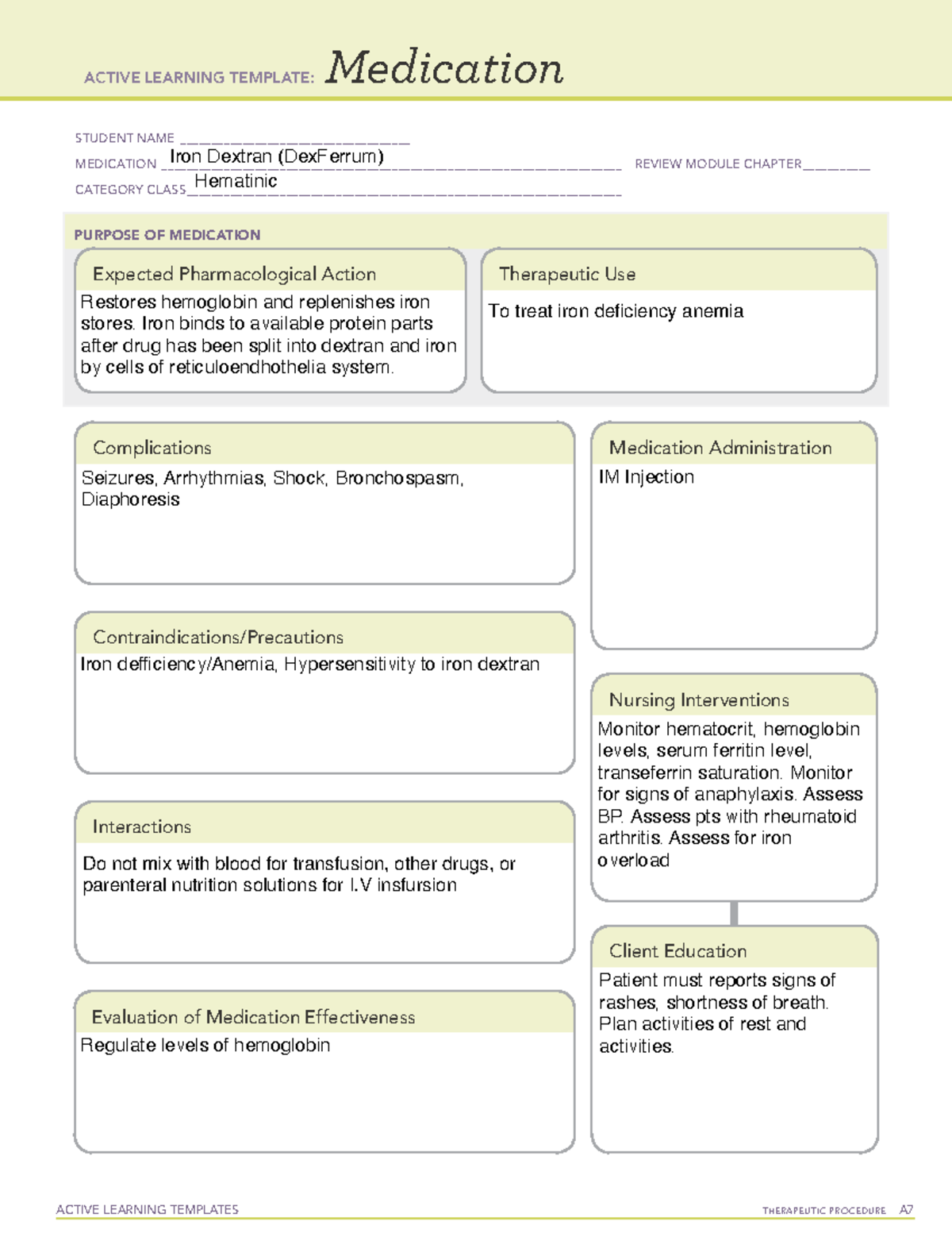 Iron Dextran - Review notes and answers for quiz 1 NURS 306. Notes for ...