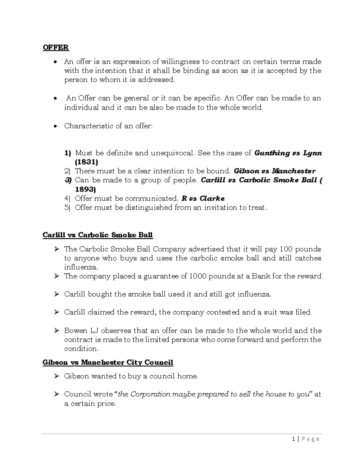 Offer - Summary Contract law - OFFER An offer is an expression of ...