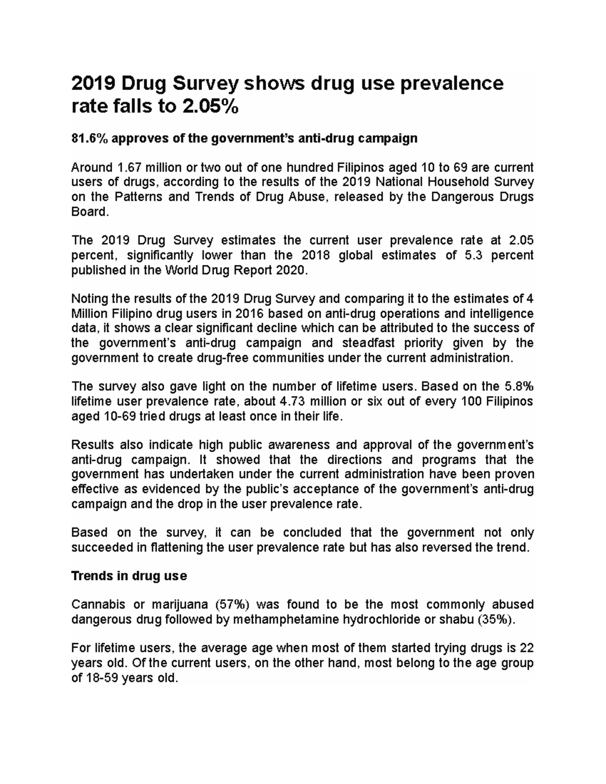 Drug Education - 2019 Drug Survey shows drug use prevalence rate falls ...