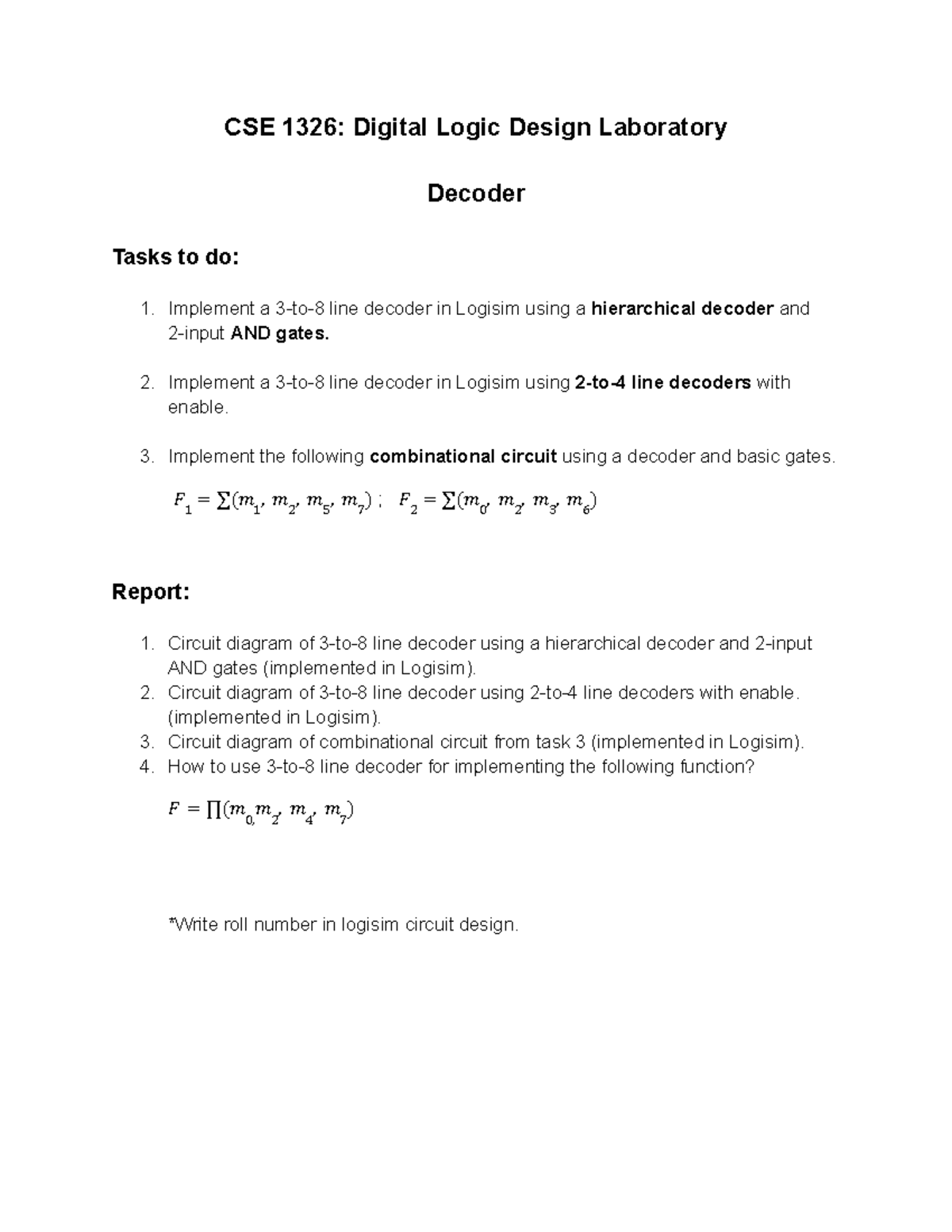 DLD Lab 6 Task Decoders CSE 1326 Digital Logic Design Laboratory