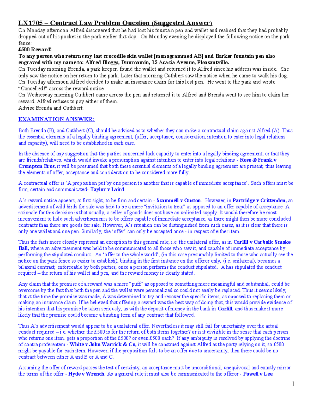 Example Contract LAW 2 - free - LX1705 – Contract Law Problem Question ...