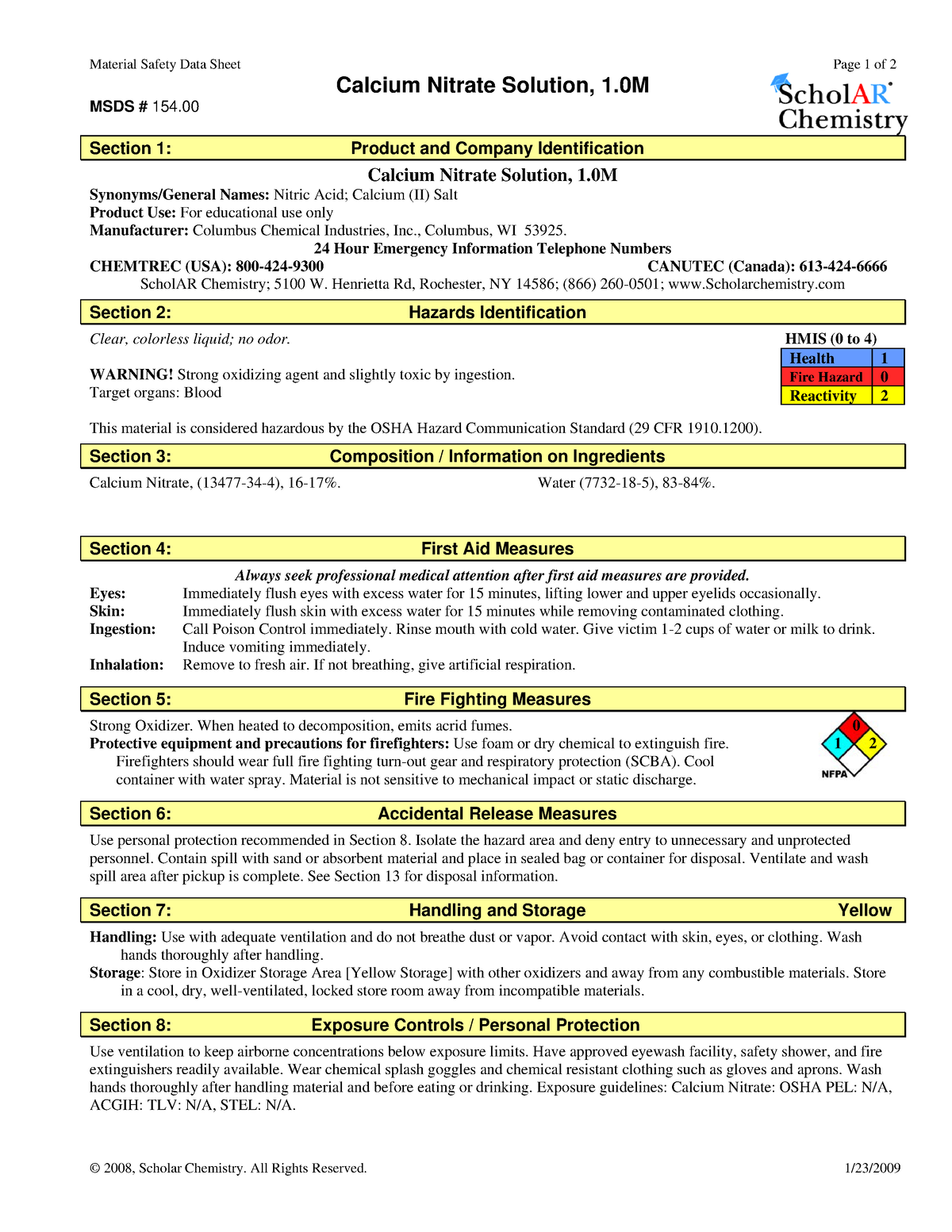 Msds Sheets Calcium Nitrate Solution 1 0m 154 00 Material Safety Data