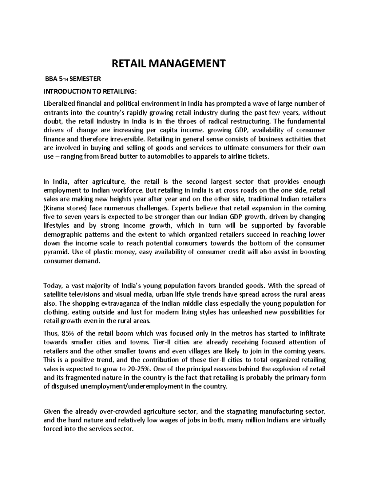 RM BBA istsem 1 - Retail Management part 1 - RETAIL MANAGEMENT BBA 5TH ...