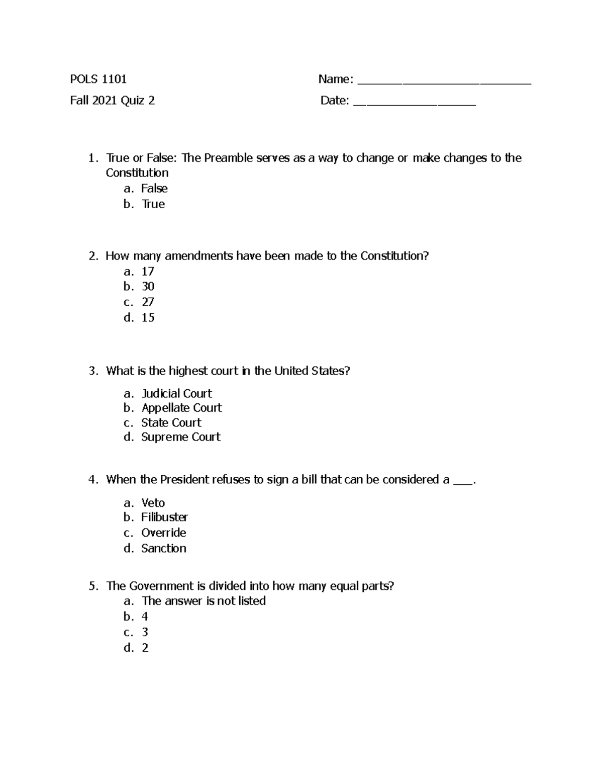 POLS 1101 Quiz 2 Fall 2021 - POLS 1101 Name ...