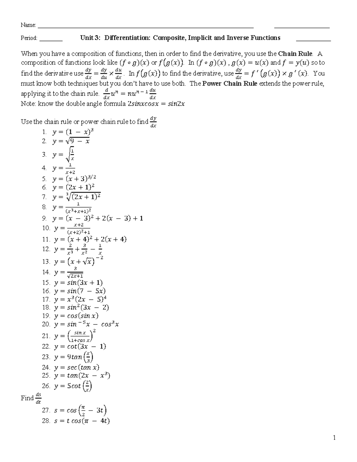 AP Calculus BC Unit 3 Practice - Name: - Studocu