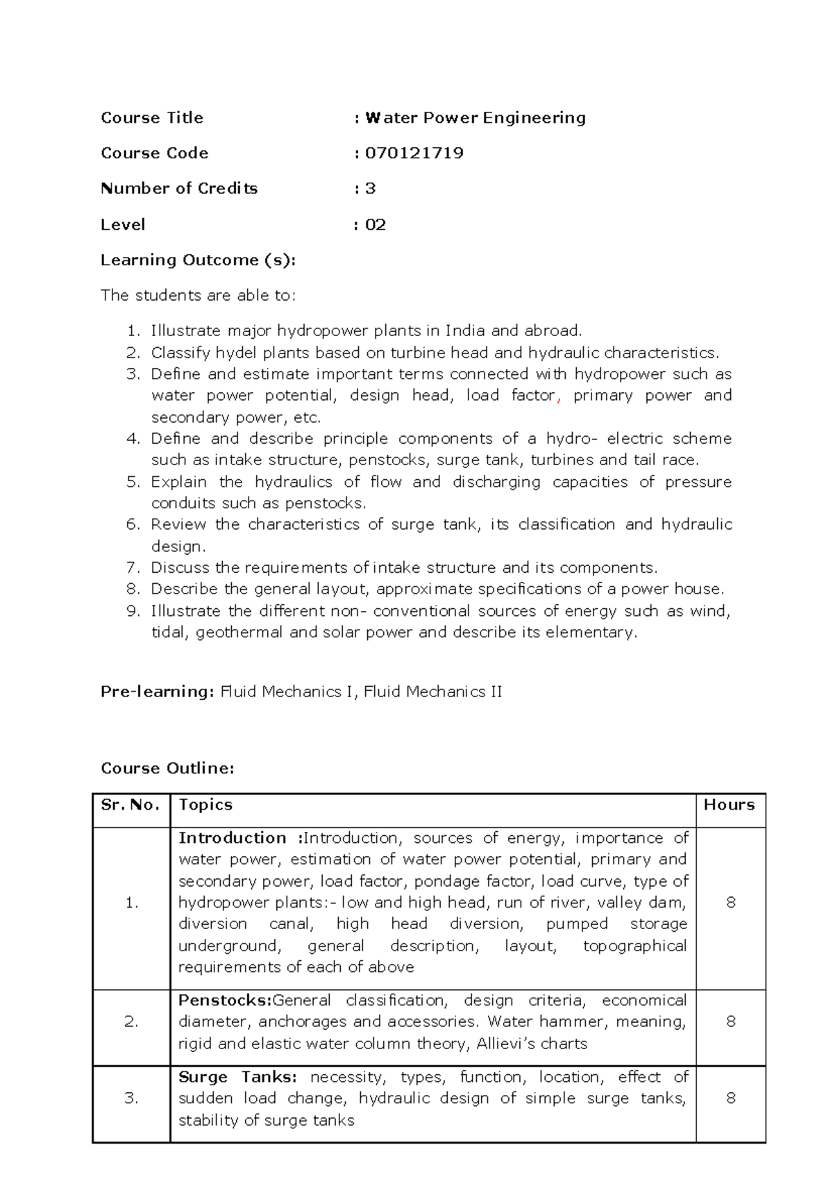 719 Water Power Engineering 719 Water Power Engineering - Course Title ...