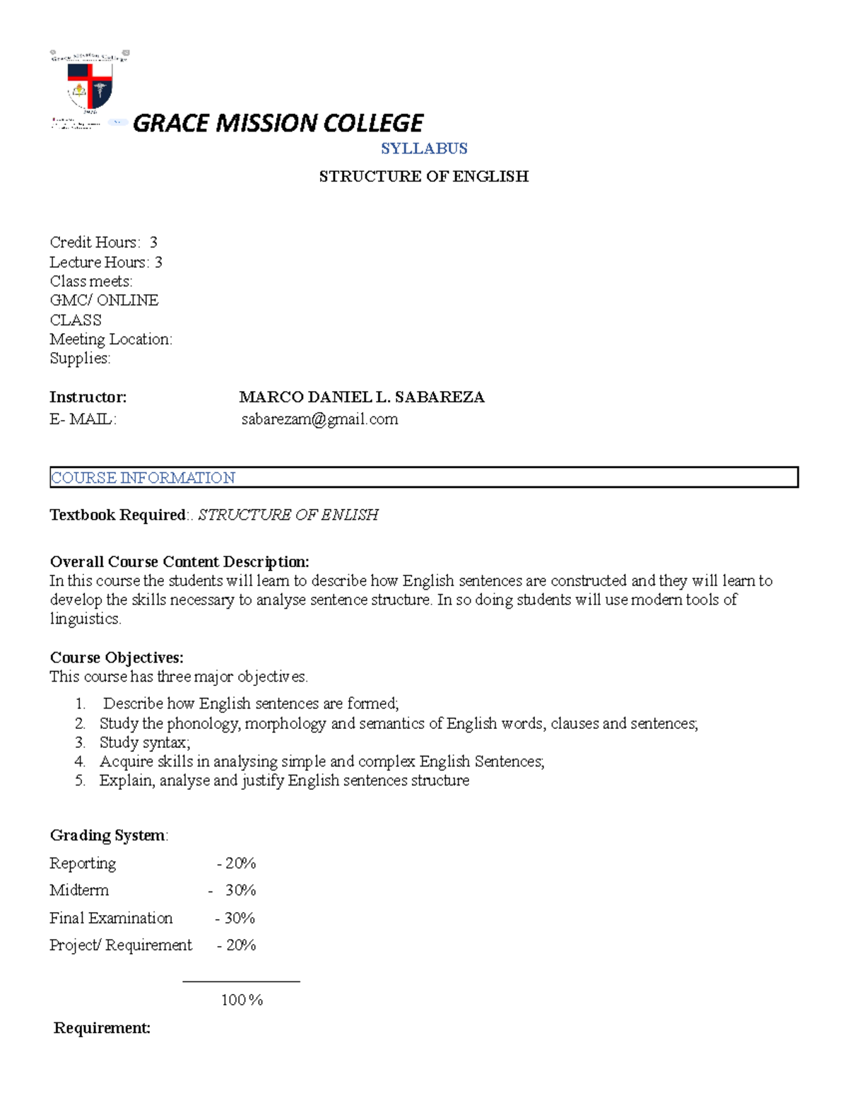 Syllabus structure of English - GRACE MISSION COLLEGE SYLLABUS ...
