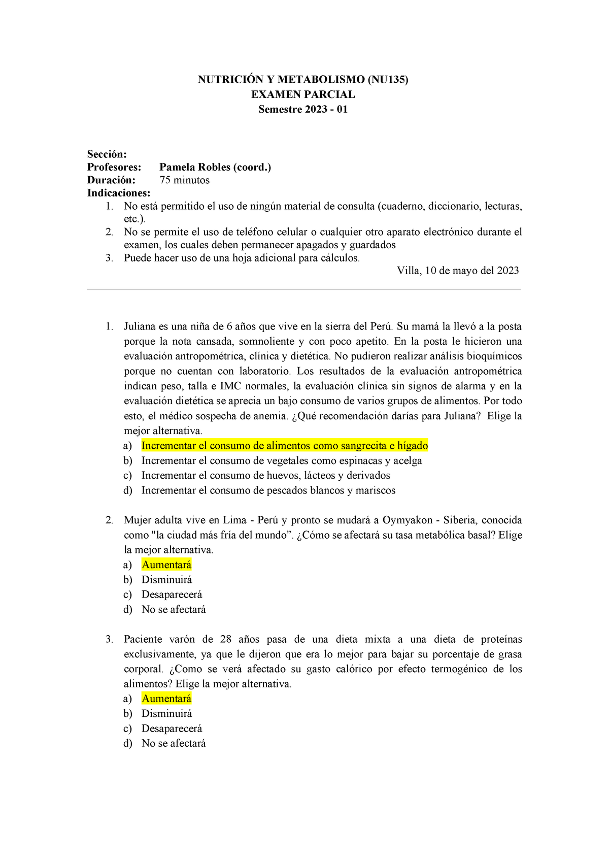 Preguntas Parcial 2023-1 Claves (1) 230511 103212 - NUTRICIÓN Y ...