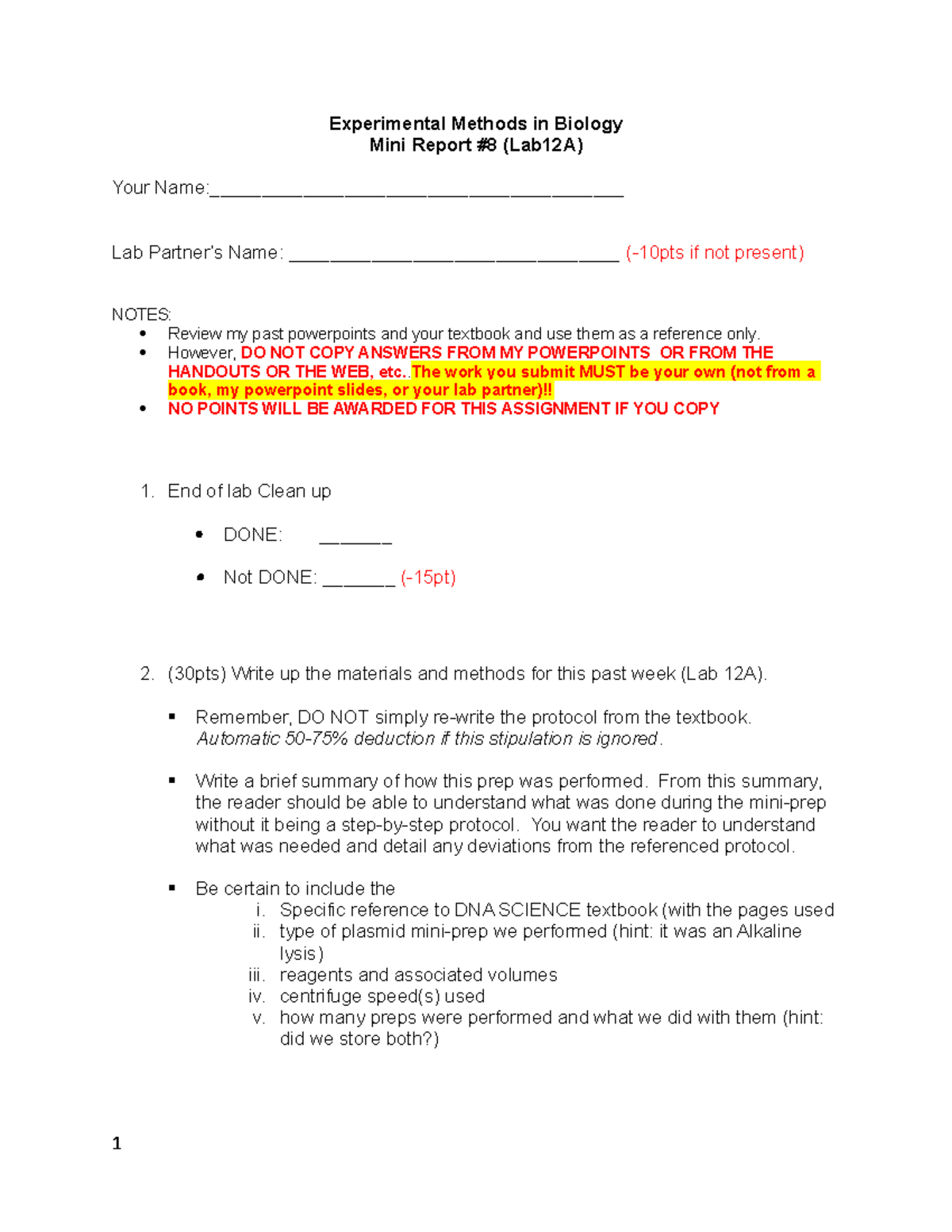 Mini Report LAB 12A F18 - Biology lab - Experimental Methods in Biology ...