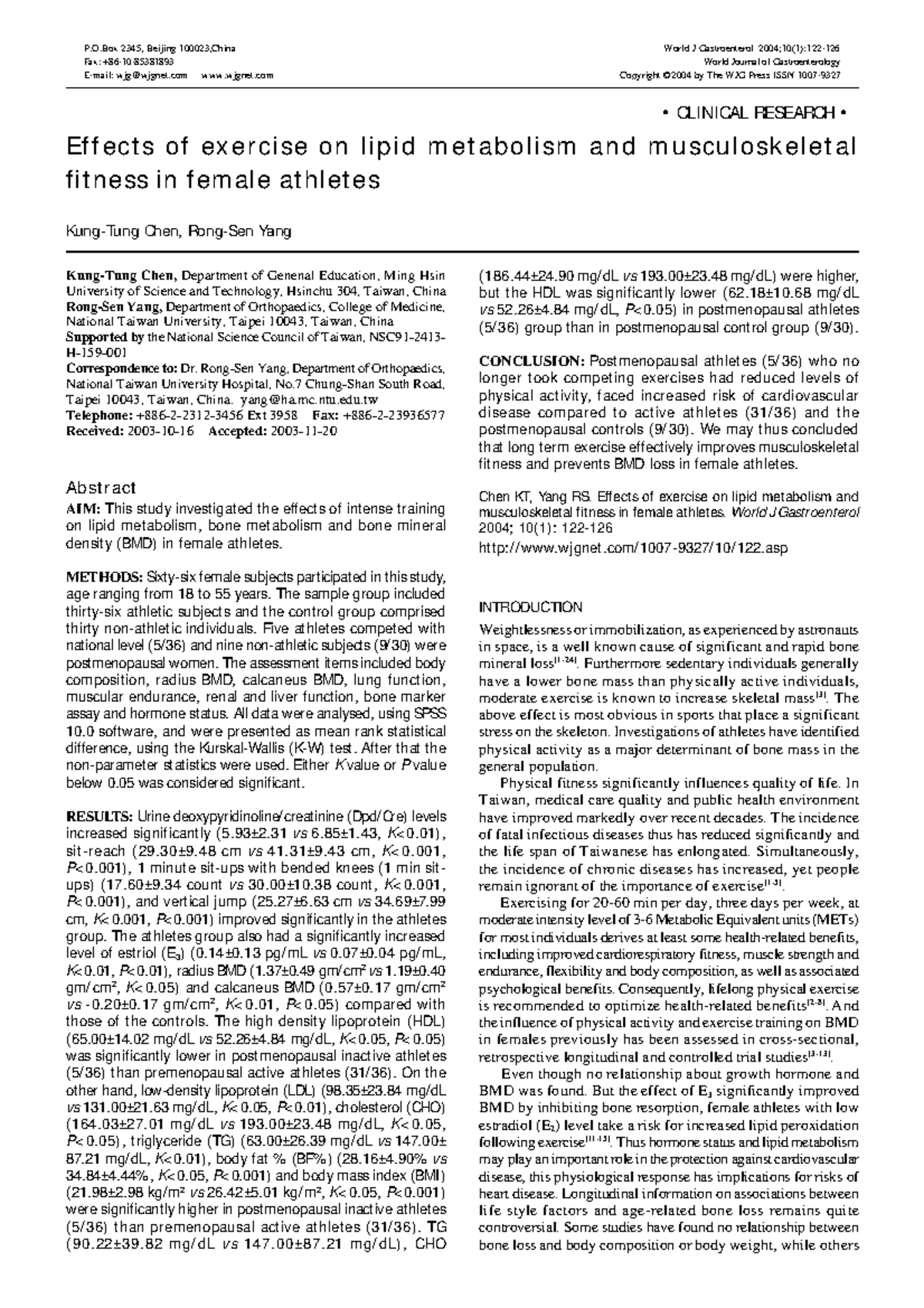 Effects of exercise on lipid metabolism and musculoskeletal fitness in ...