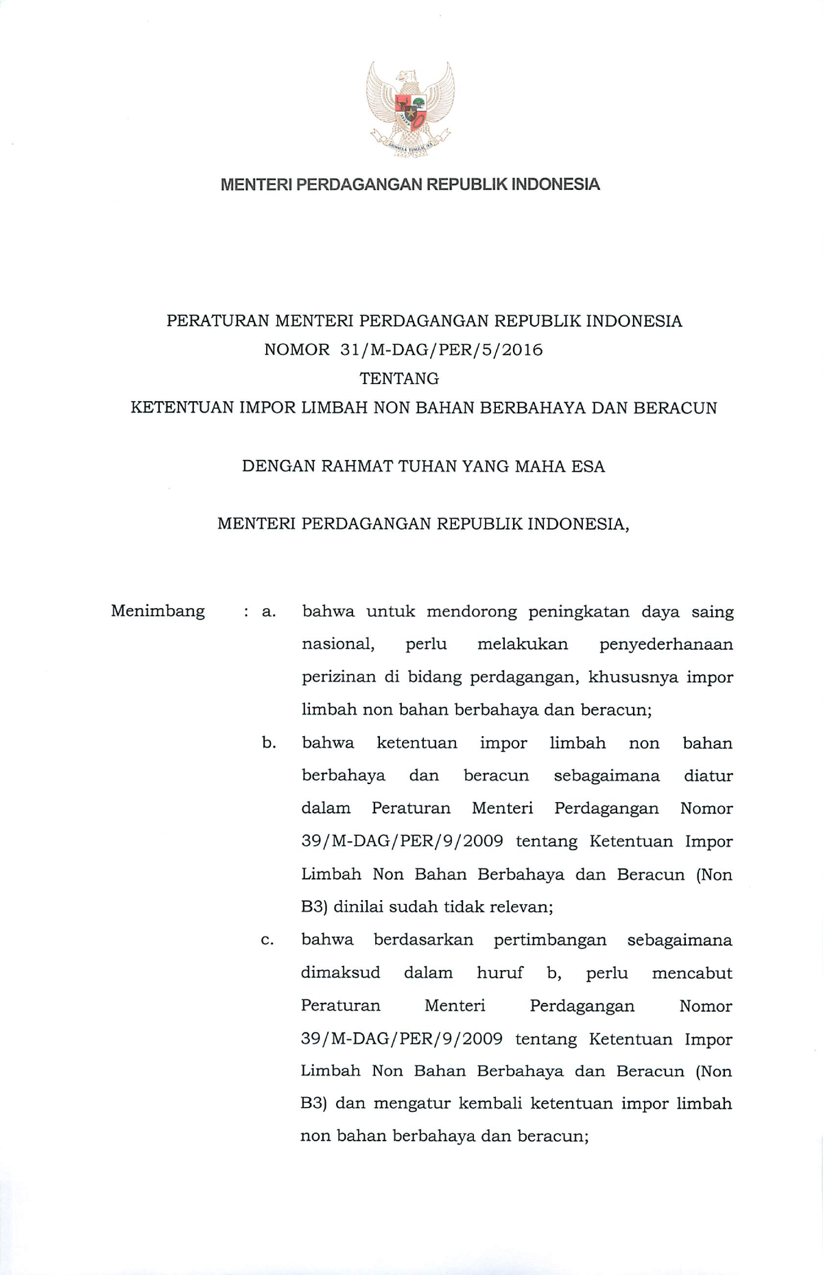 Permendag No. 31 Tahun 2016 - Teknik Lingkungan - UI - Studocu