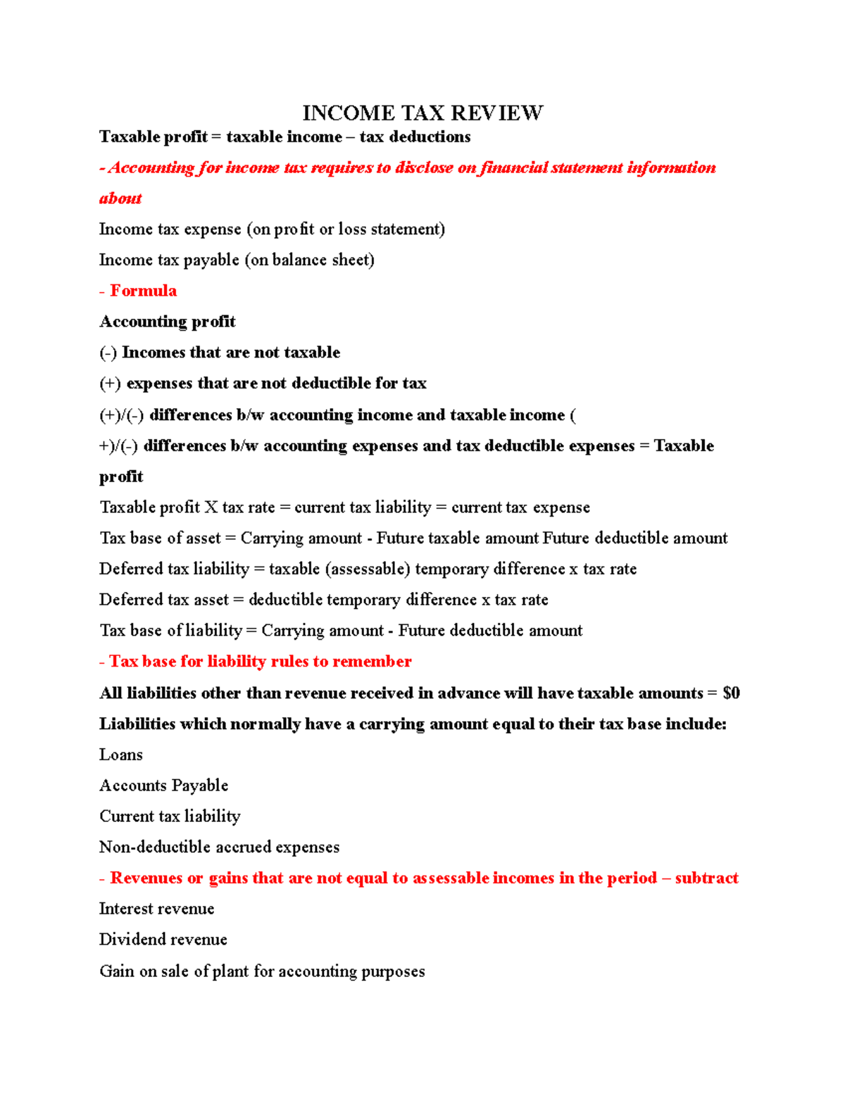 TAX Review lecture notes TAX REVIEW Taxable profit