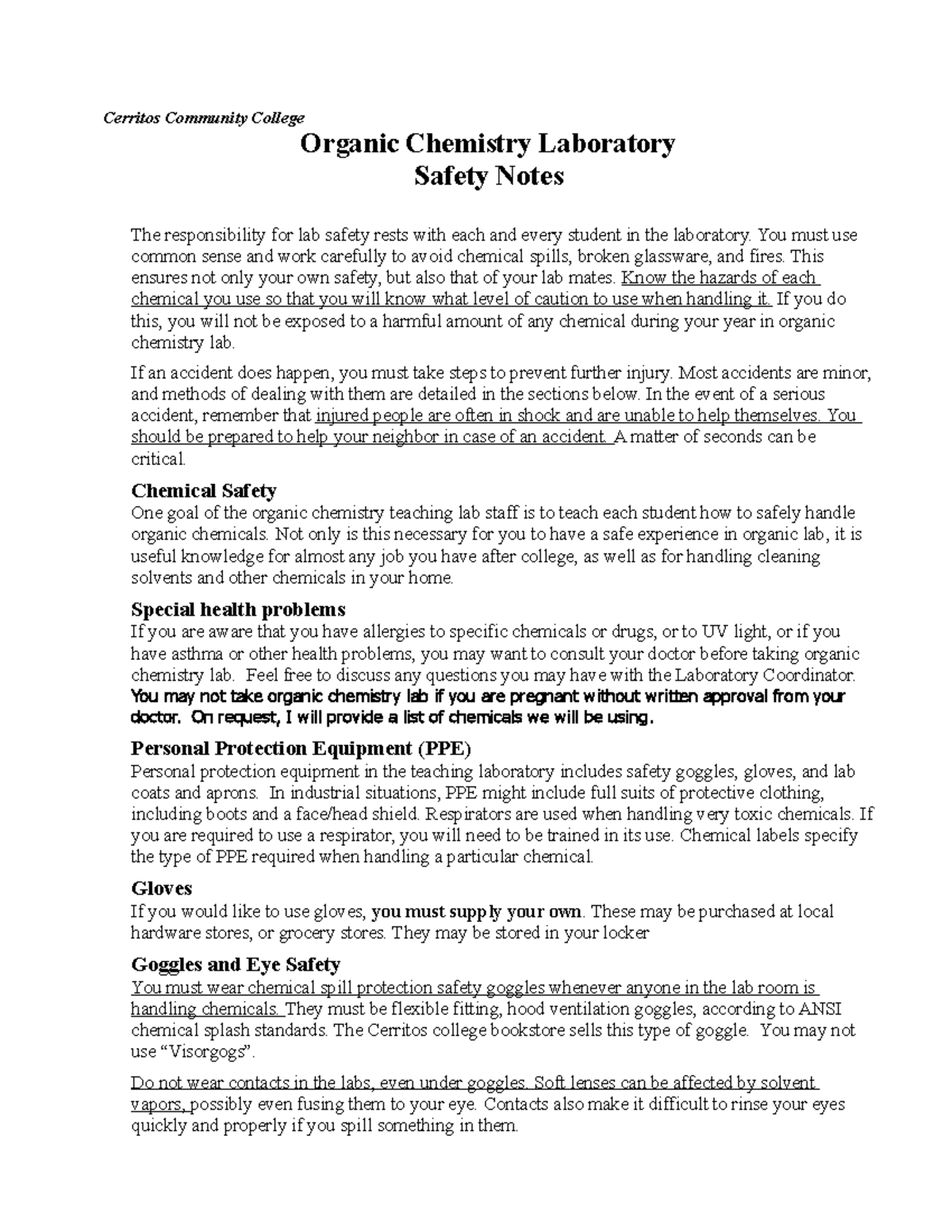 0 Organic Chemistry Laboratory Safety Notes new 2 Cerritos Community