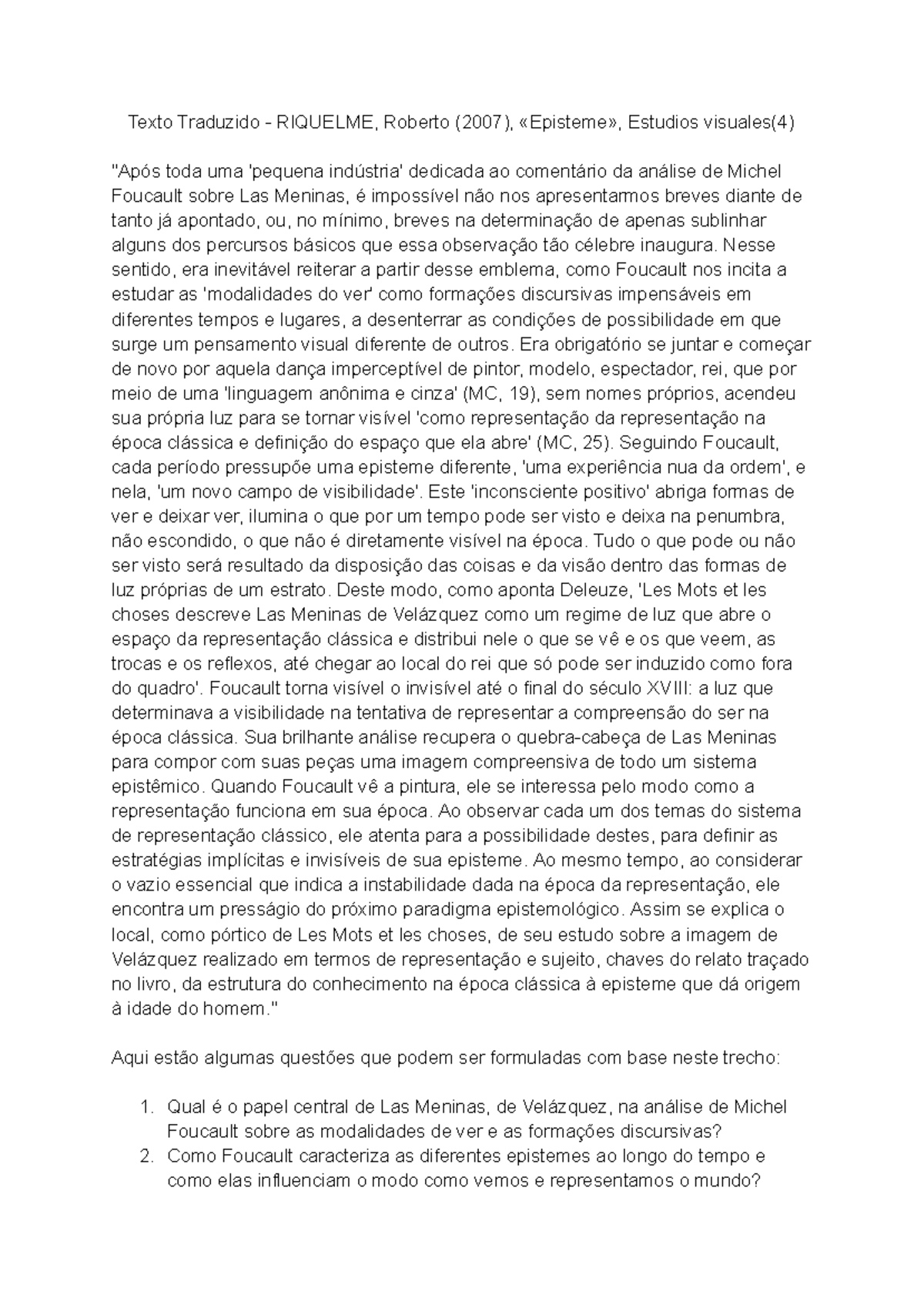 Texto Traduzido - Riquelme, Roberto (2007 ), «Episteme» - Texto ...