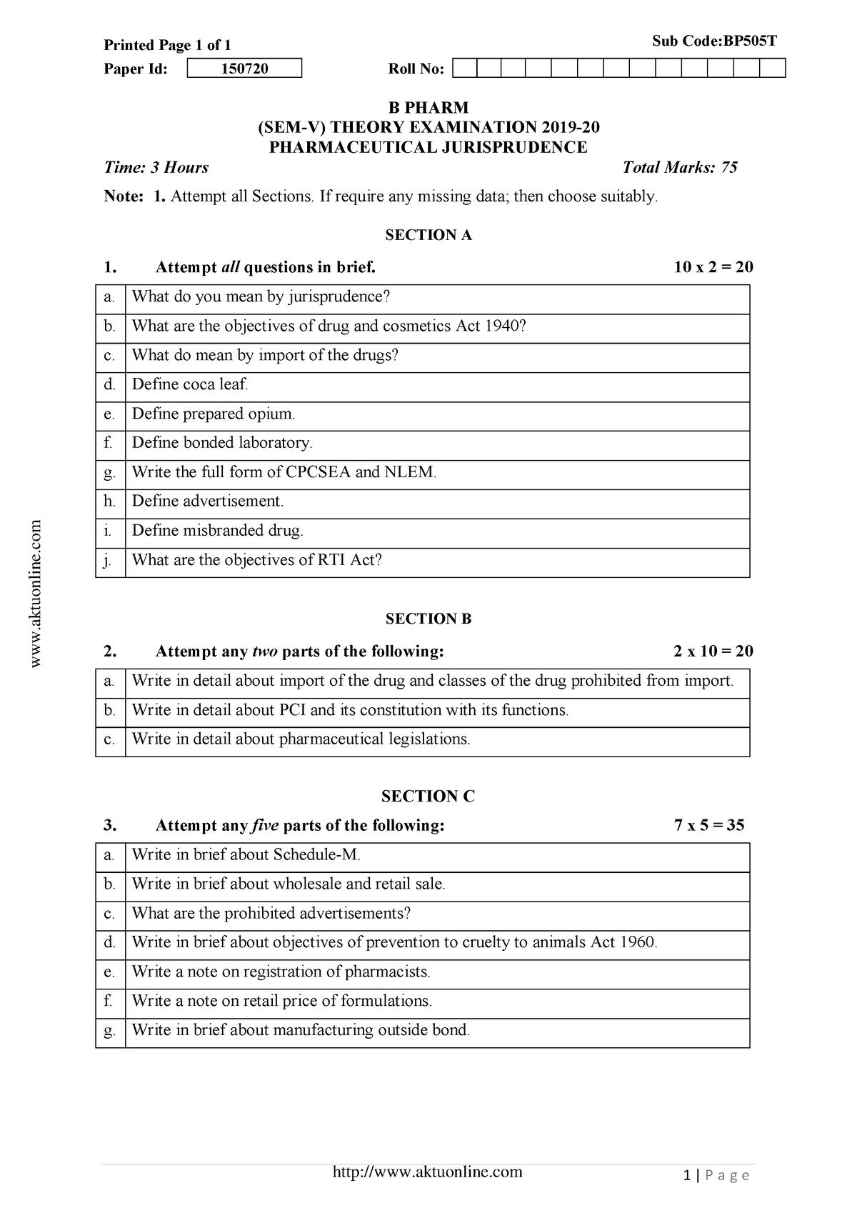 Bpharm 5 sem pharmaceutical jurisprudence bp505t 2020 - Printed Page 1 ...