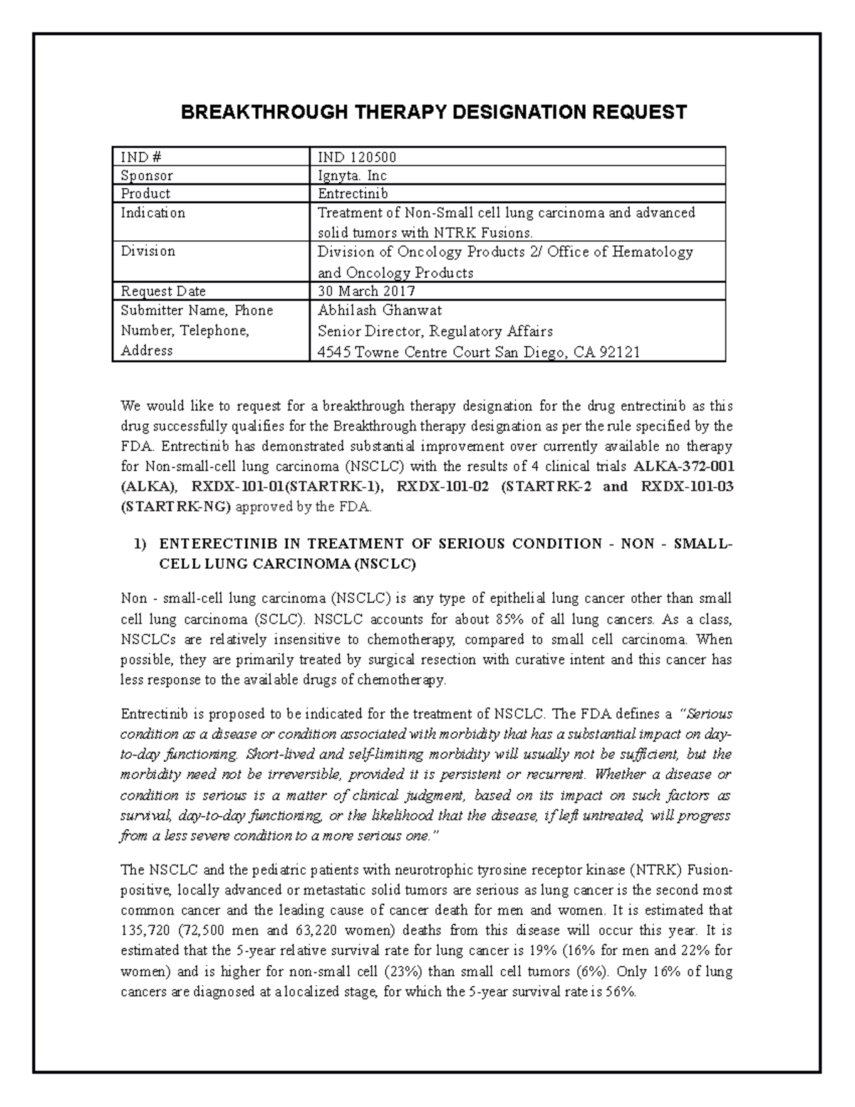 BTD request assignment v3 BREAKTHROUGH THERAPY DESIGNATION REQUEST