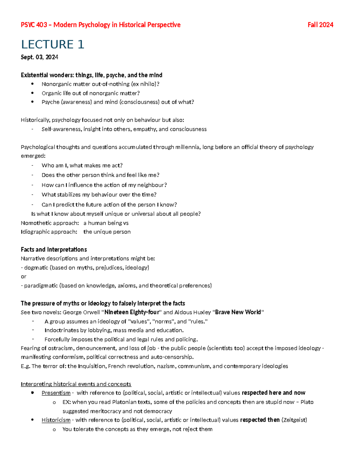 PSYC 403 Notes - LECTURES 1 AND 2 - LECTURE 1 Sept. 03, 2024 ...