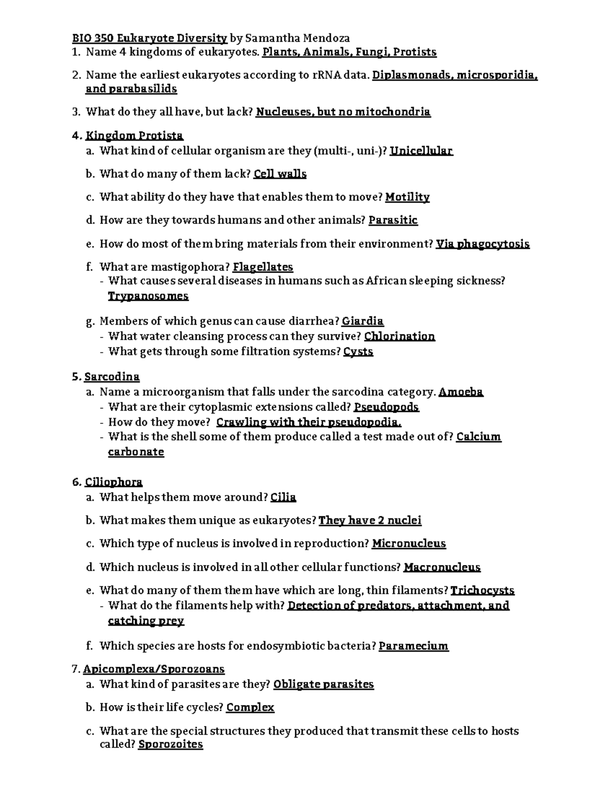 BIO 350 Eukaryote Diversity Questions and Answers by Samantha Mendoza