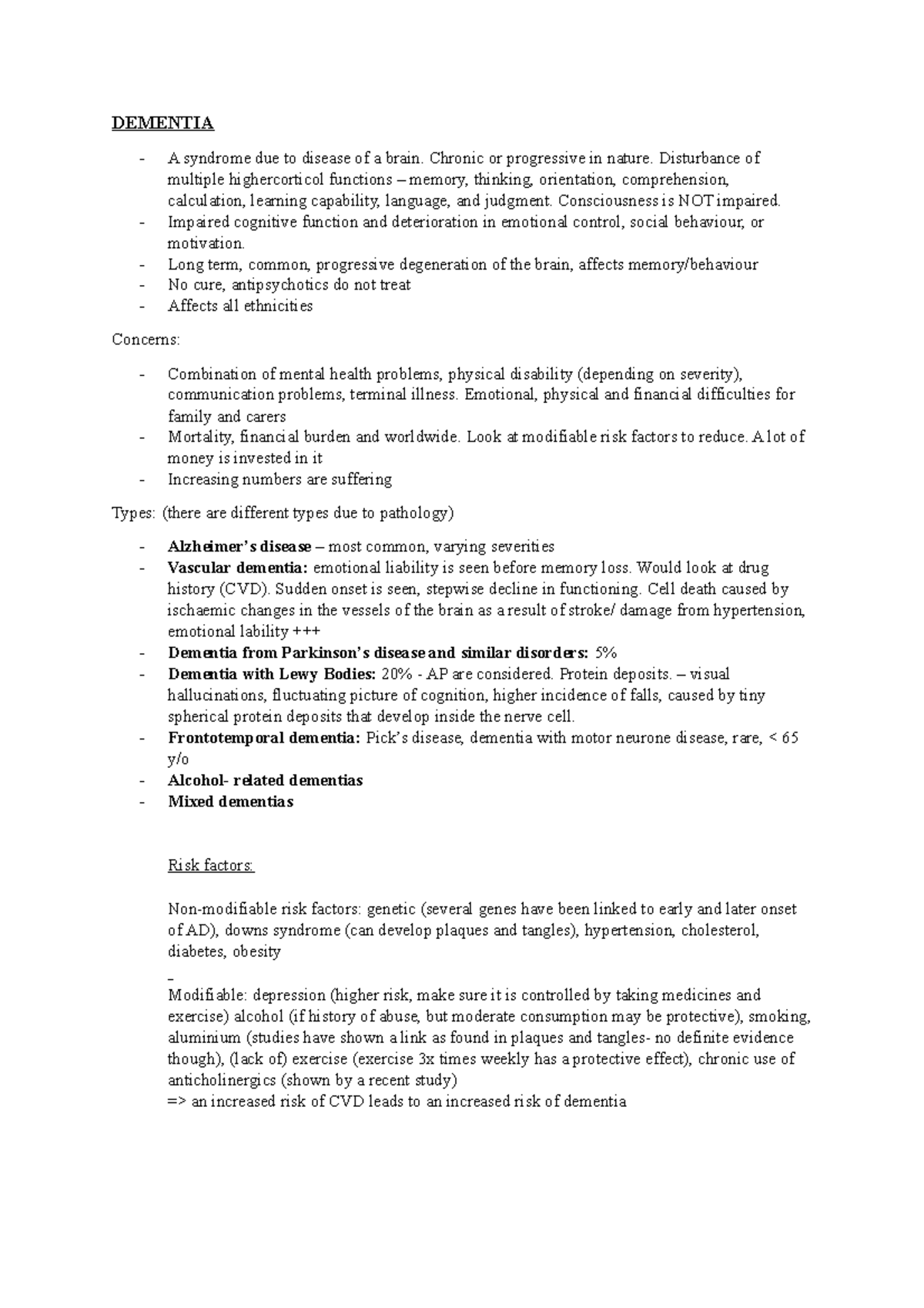 Dementia - Summary of lecture - DEMENTIA A syndrome due to disease of a ...