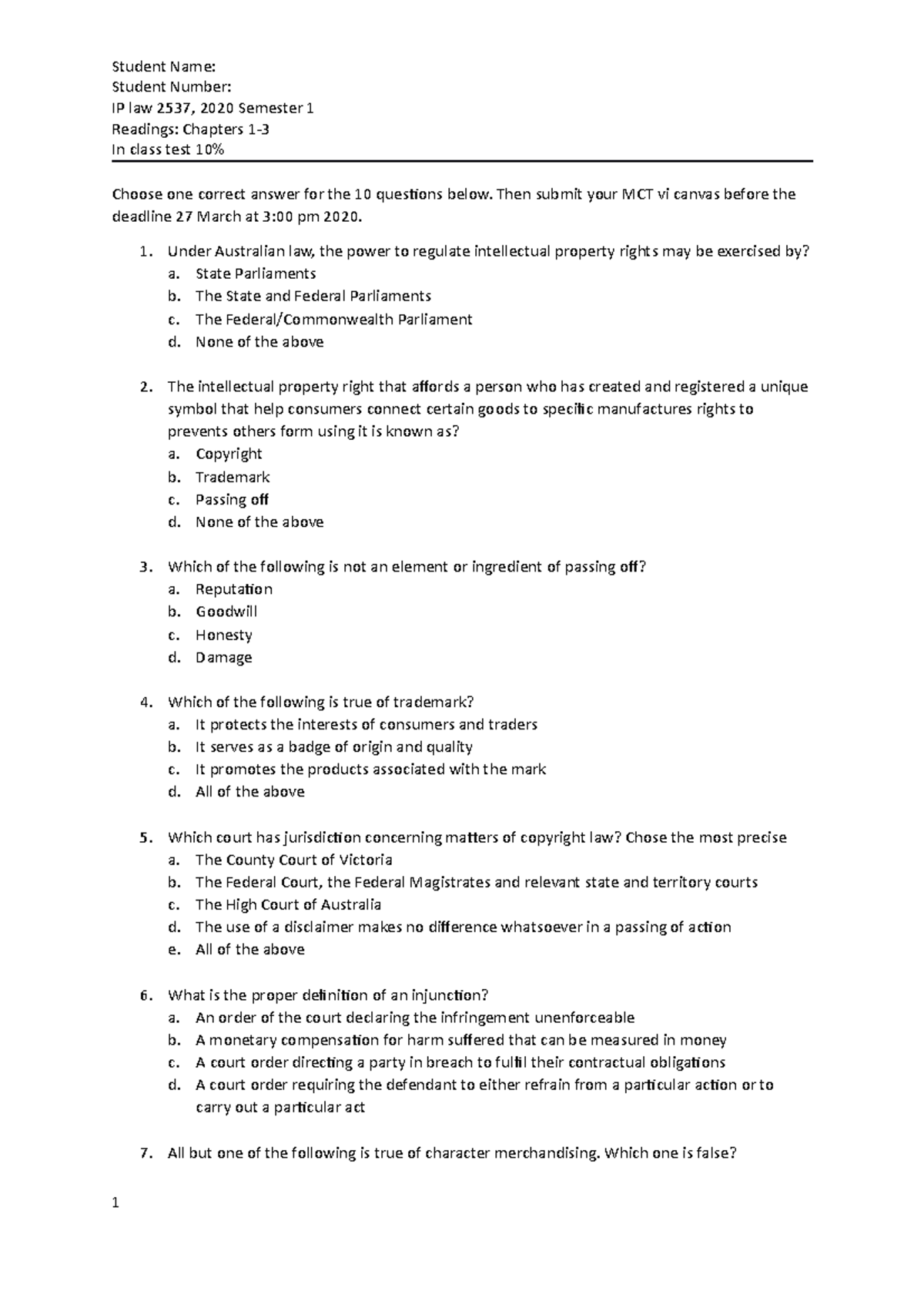 MCT 2020 Sem 1 - MCQ for Assessment 1 - Student Name: Student Number ...