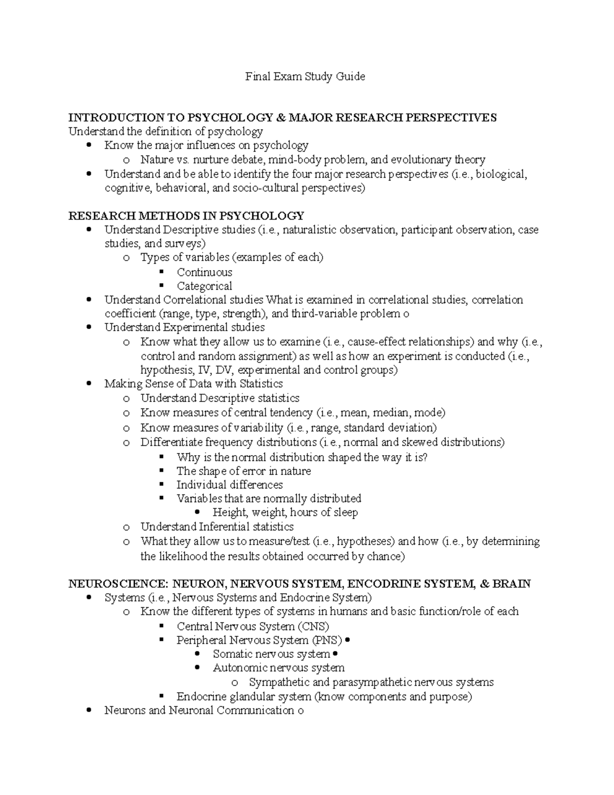 2018 Intro to Psychology(PSY101)Final Exam Study Guide Final Exam