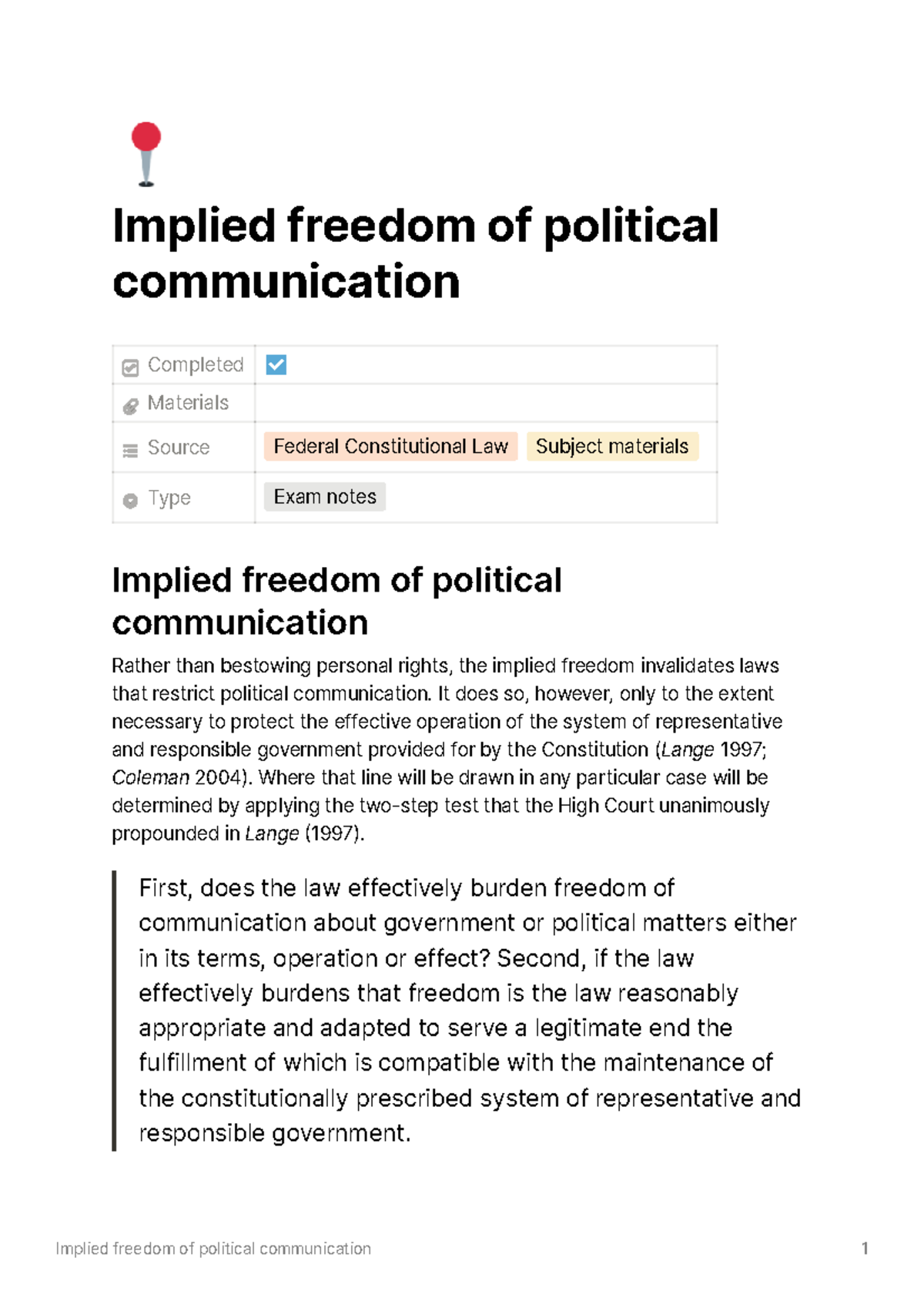 Implied Freedom of Political Communication - It does so, however, only ...
