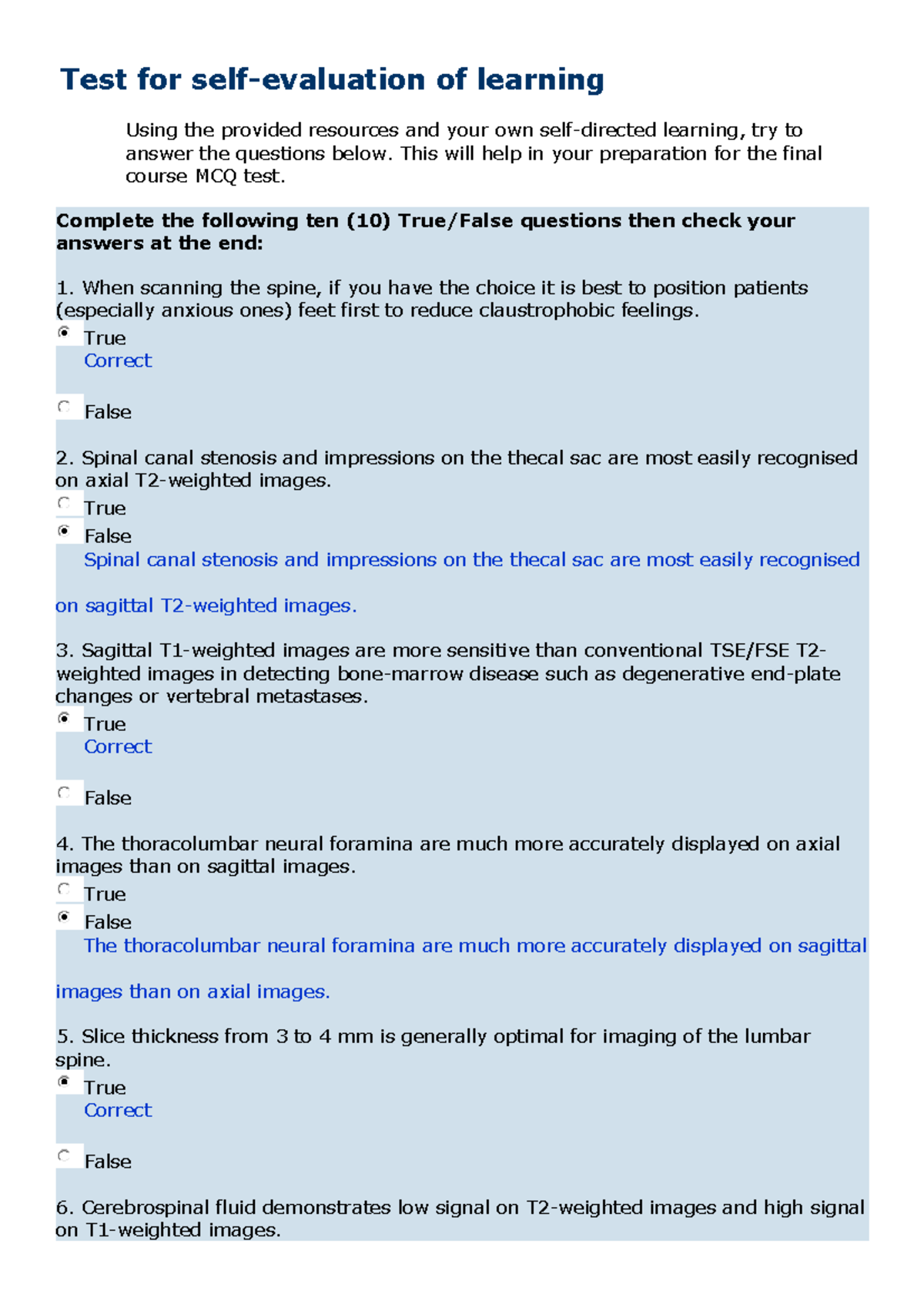 Weeklyquiz Spine mri Test for selfevaluation of learning Using the