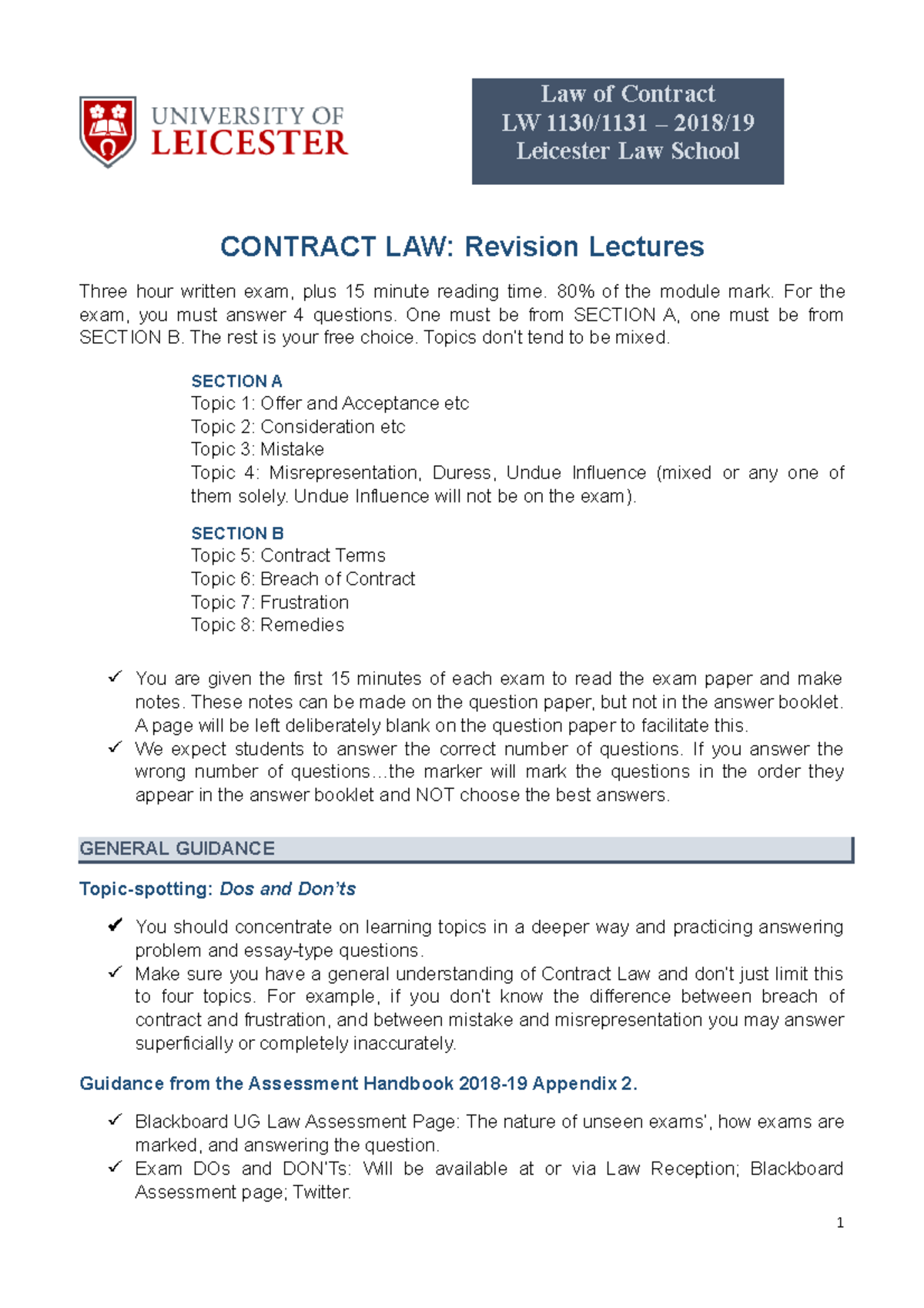 Contract Law 2017 Revision Lecture Handout - Law Of Contract LW 1130/ ...