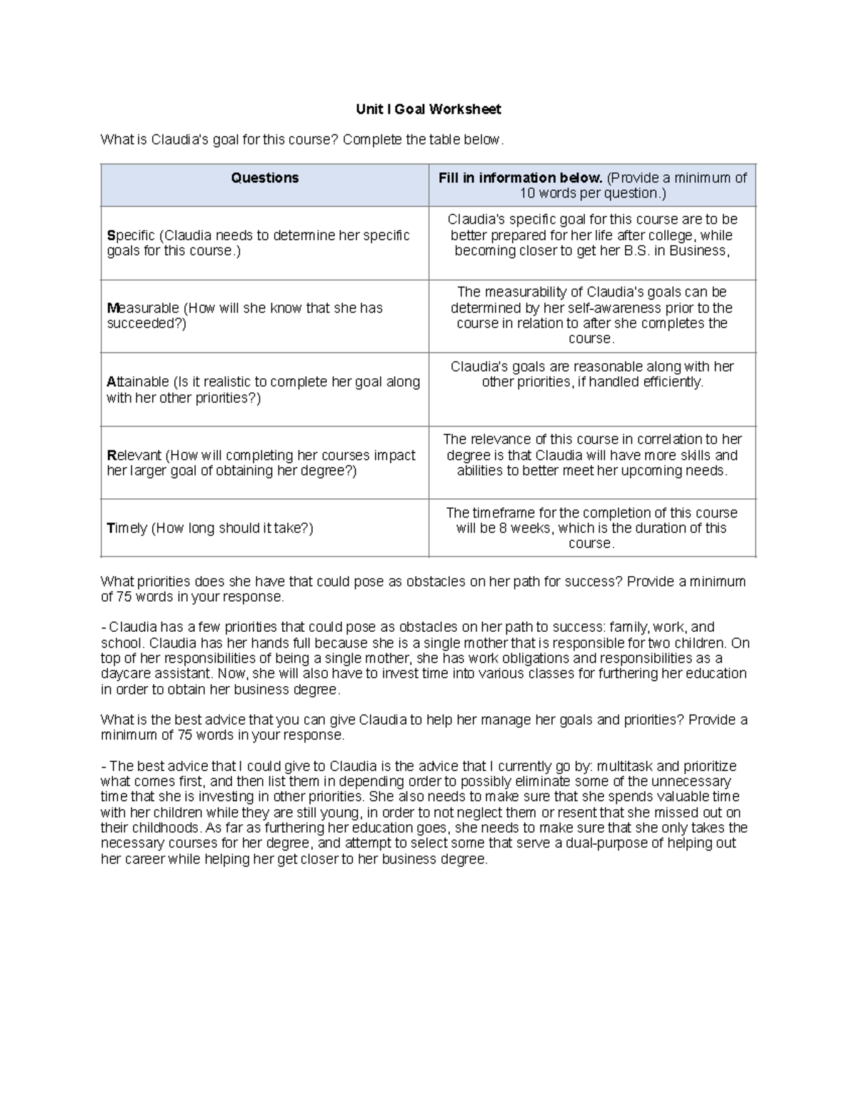 Unit 1 - A worksheet oriented towards goals - Unit I Goal Worksheet ...