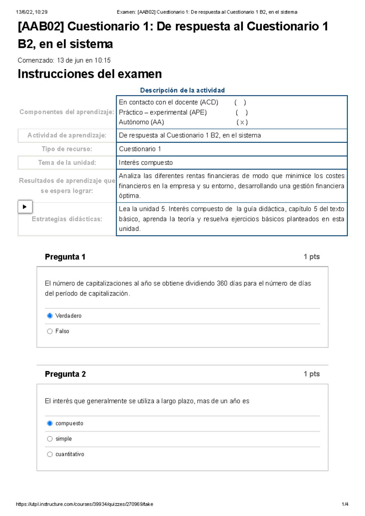 Examen [AAB02] Cuestionario 1 De Respuesta Al Cuestionario 1 B2, En El ...