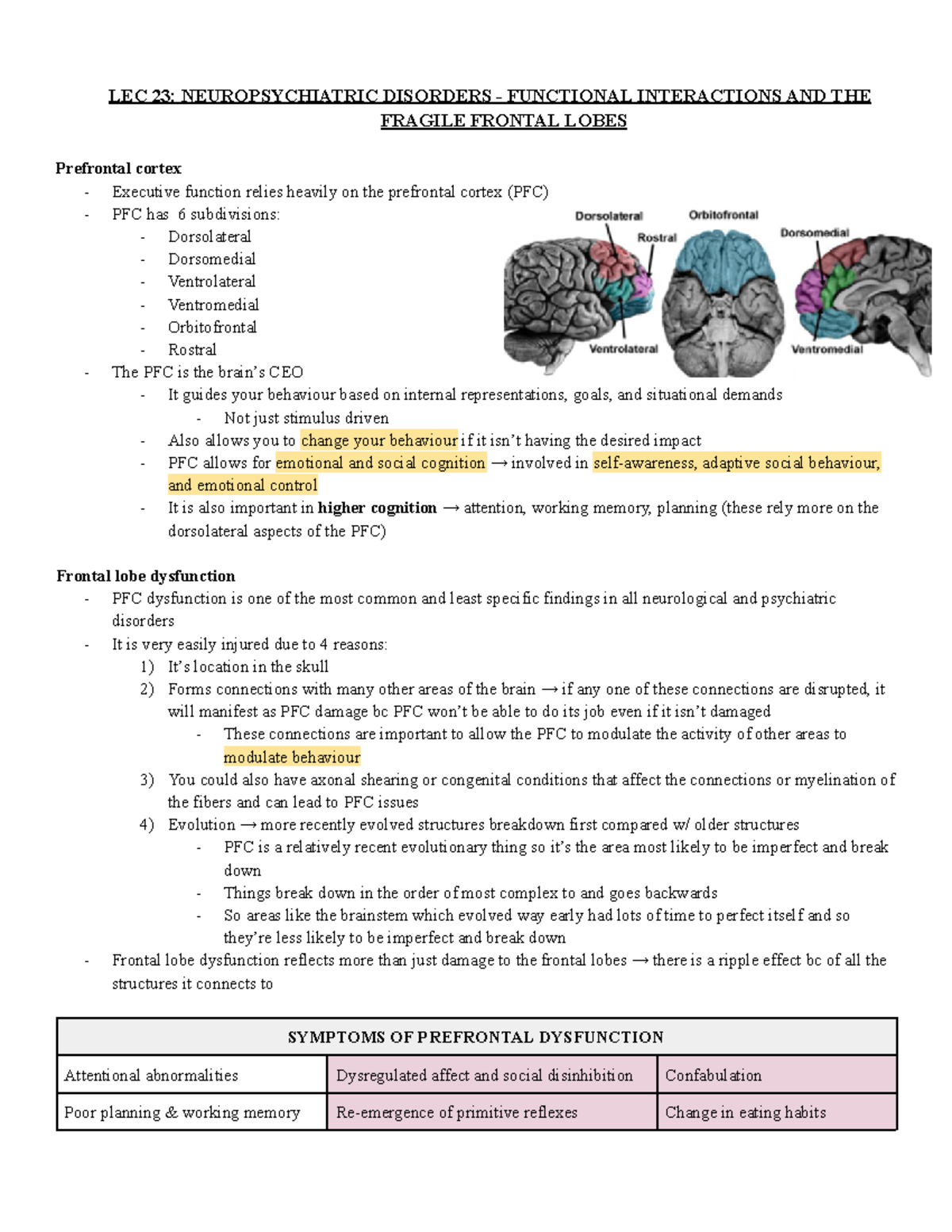 LEC 23 Neuropsychiatric Disorders - Functional Interactions AND THE ...