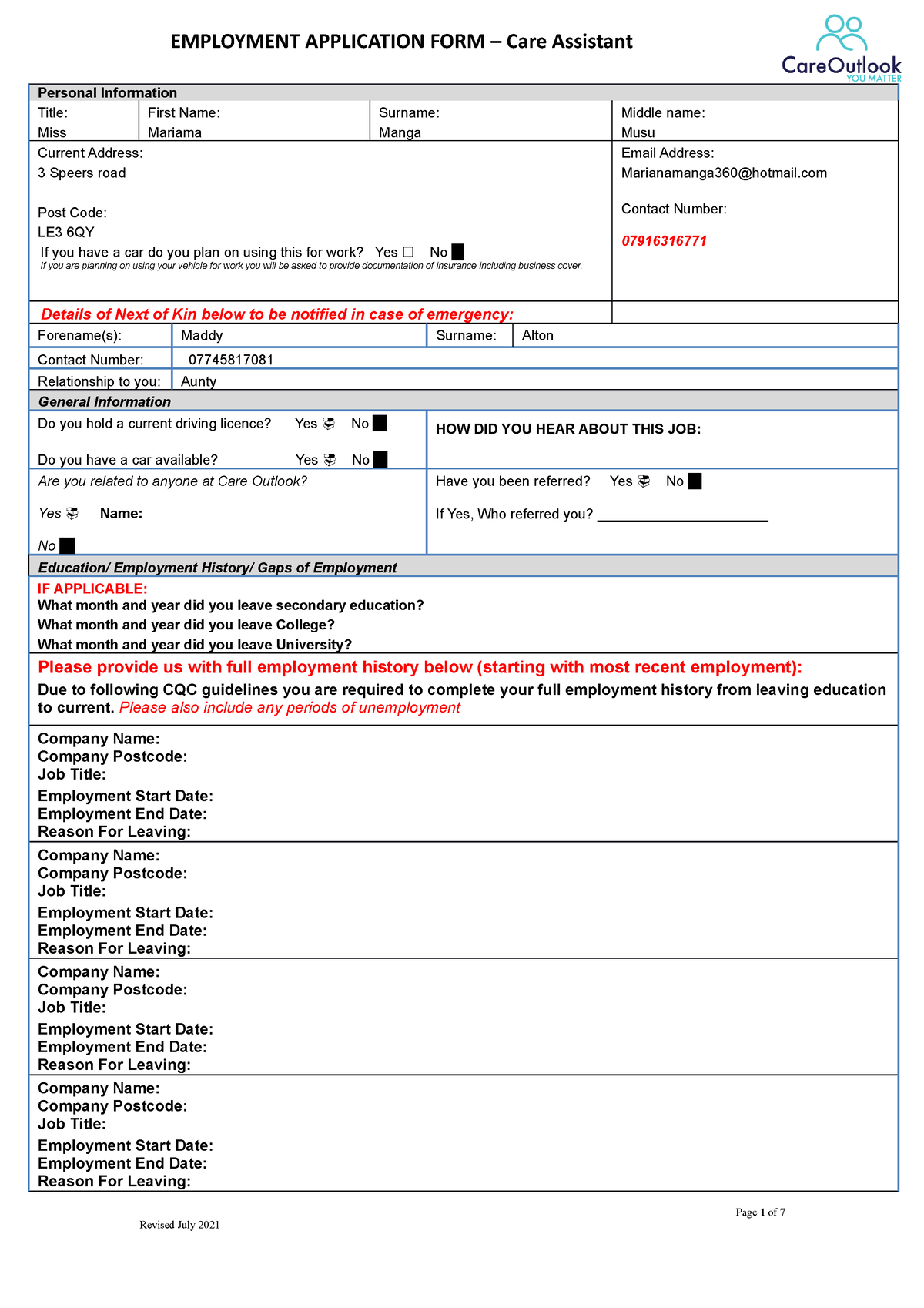 Care Assistant Application Form - Personal Information Title: Miss ...