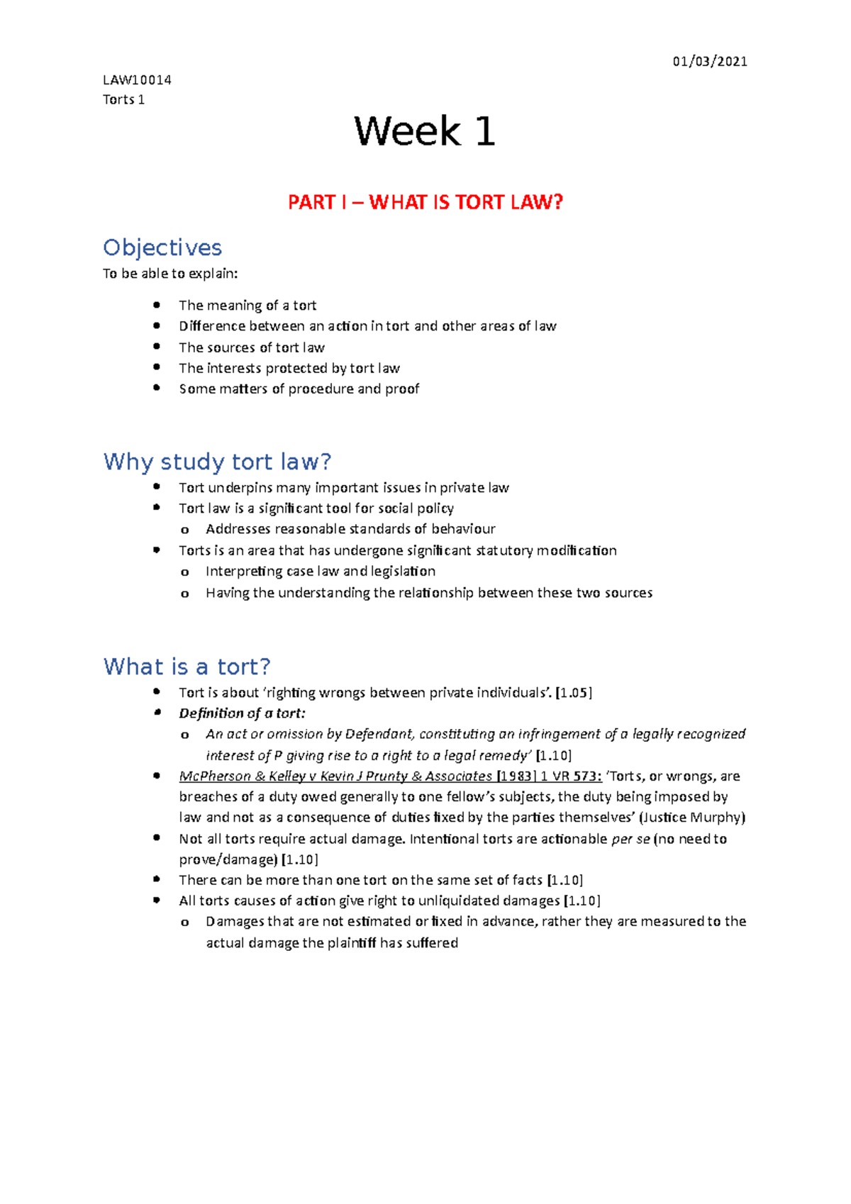 Week 1 - Class Notes - LAW Torts 1 Week 1 PART I – WHAT IS TORT LAW ...