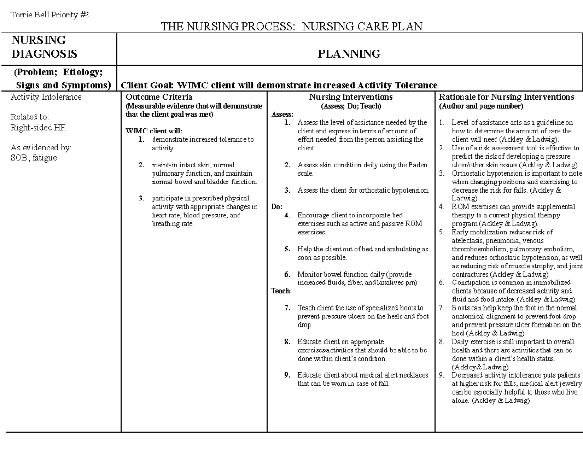 Activity intolerance care plan - Torrie Bell Priority THE NURSING ...