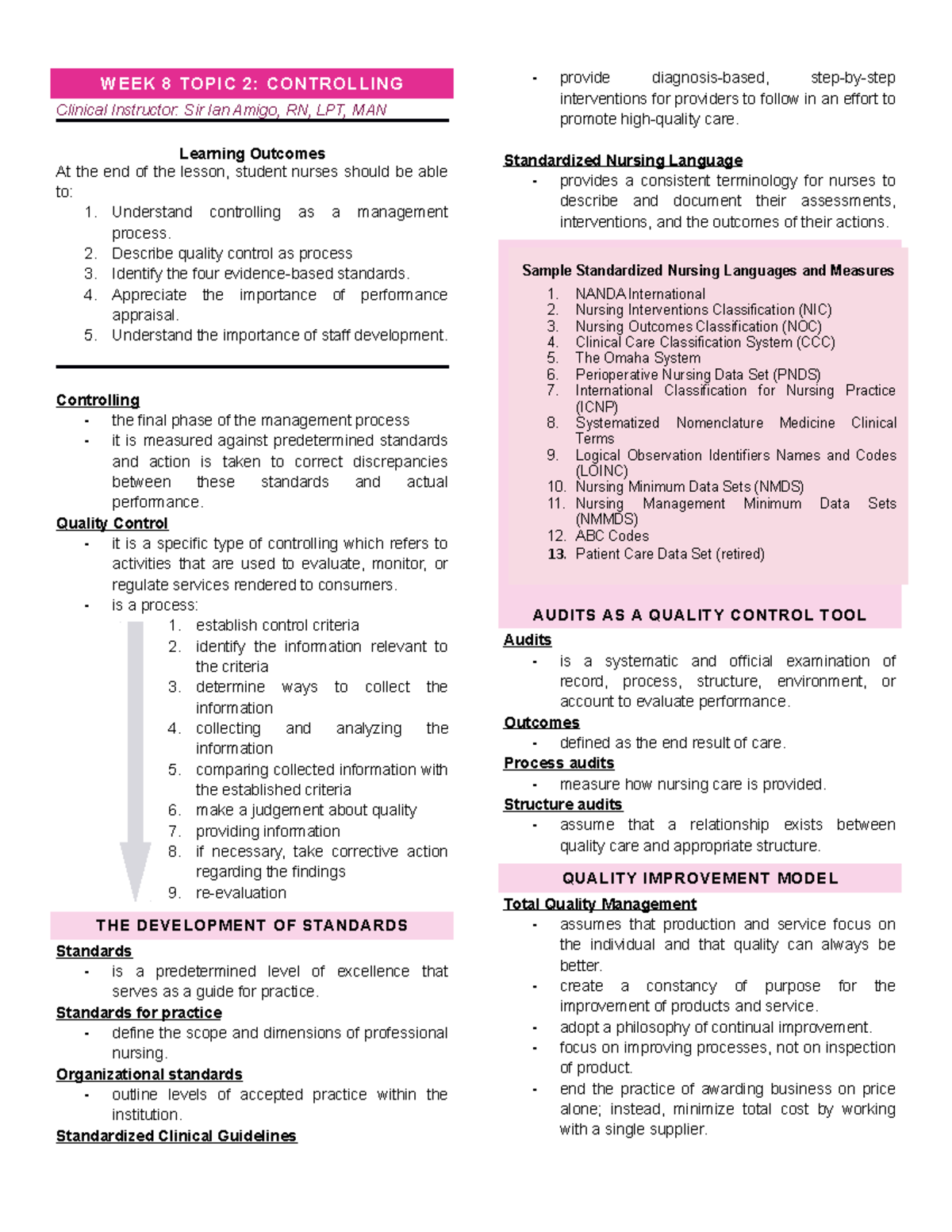 Week 8 Topic 2 Controlling - WEEK 8 TOPIC 2: CONTROLLING Clinical ...