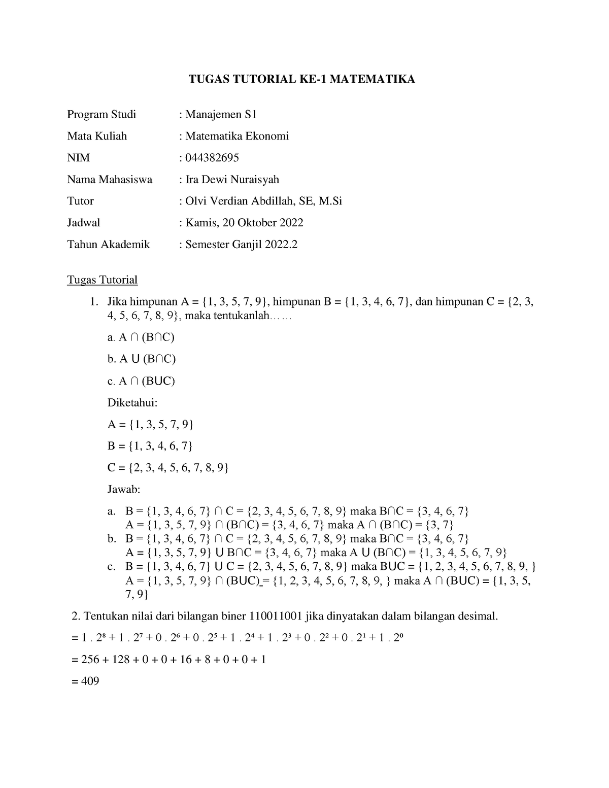 Tugas Tutorial 1 Matematika - TUGAS TUTORIAL KE-1 MATEMATIKA Program ...