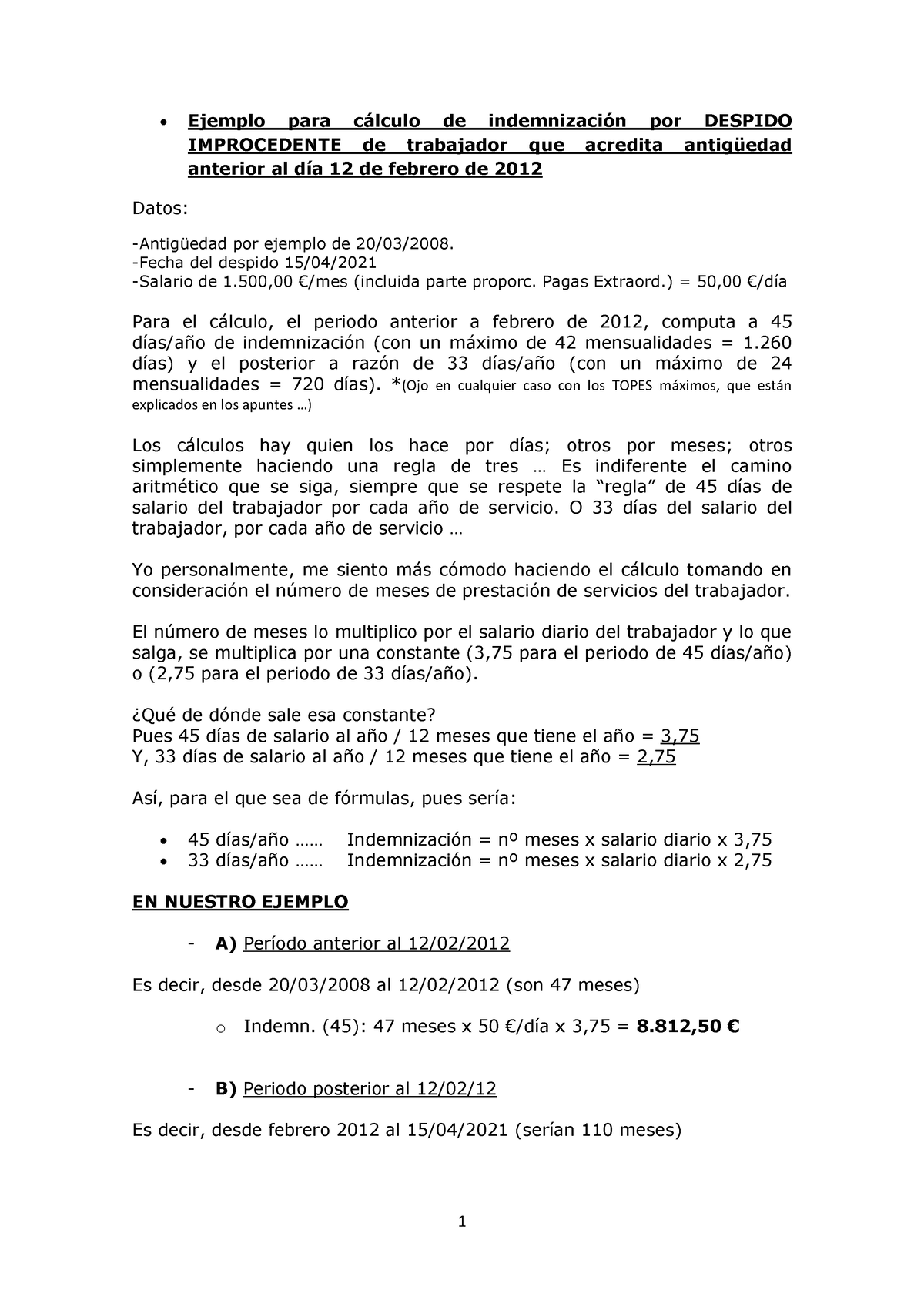 Ejemplo Para Calculo Indemnizaciones Despido - 1 Ejemplo Para C·lculo ...