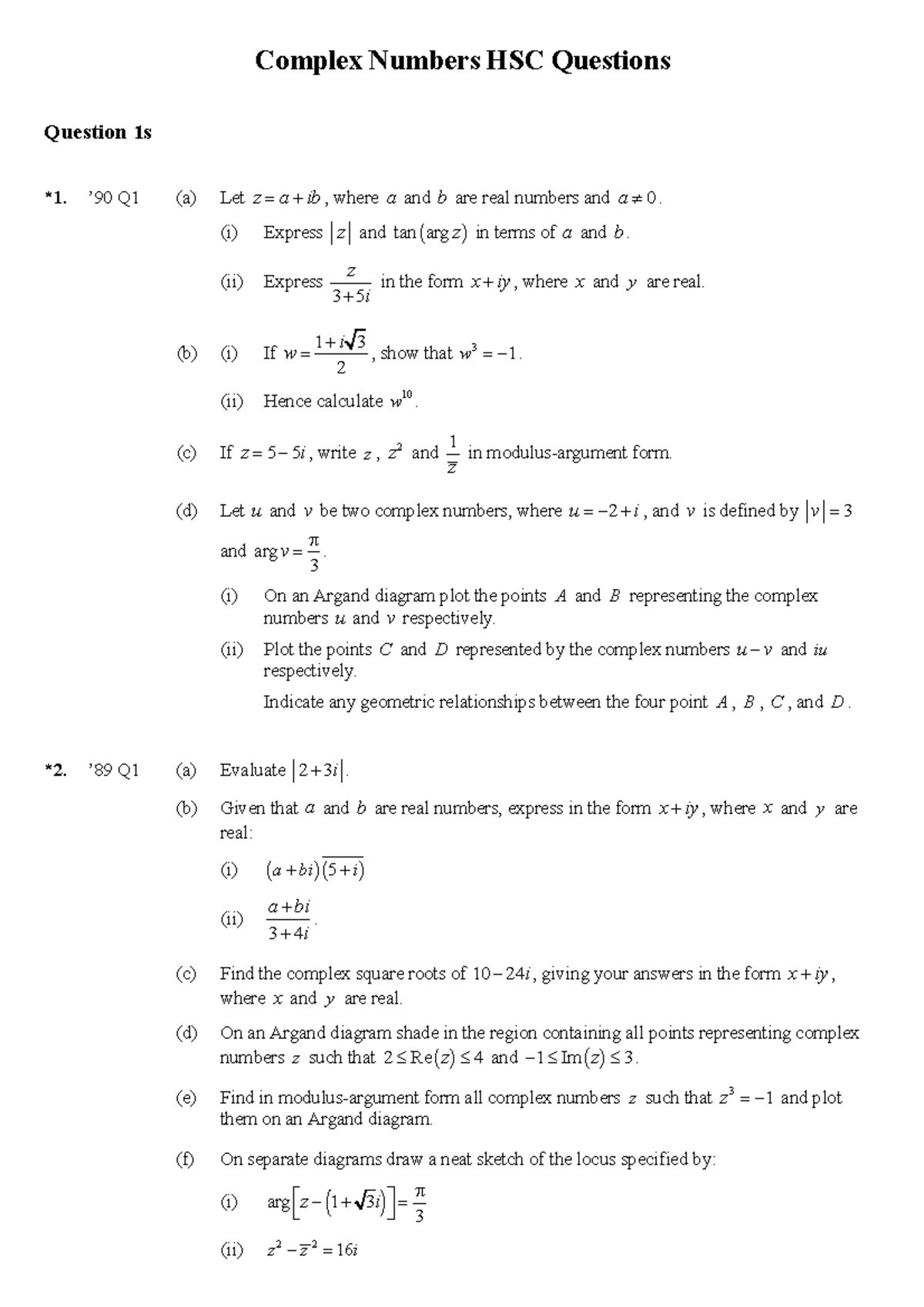 Complex Numbers HSC compilement questions - ####### ####### - Studocu