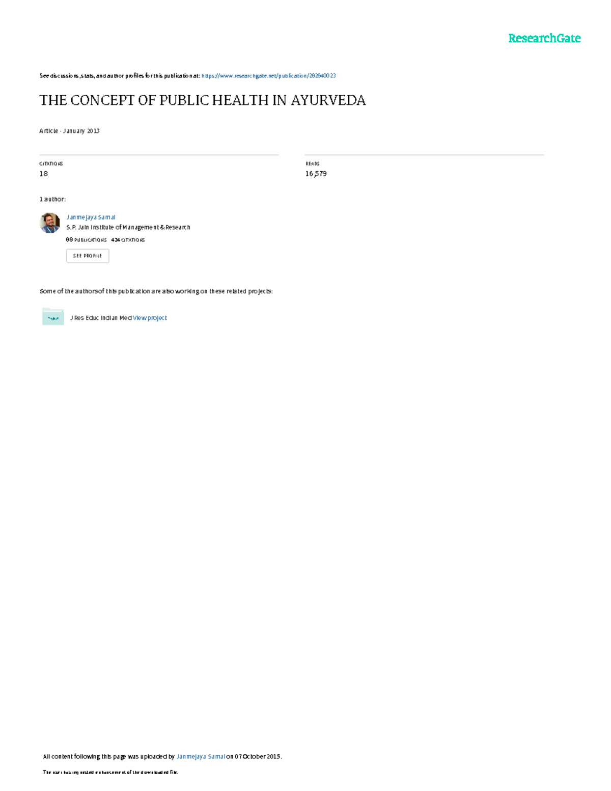 The concept of Public Health in Ayurveda - See discussions, stats, and ...