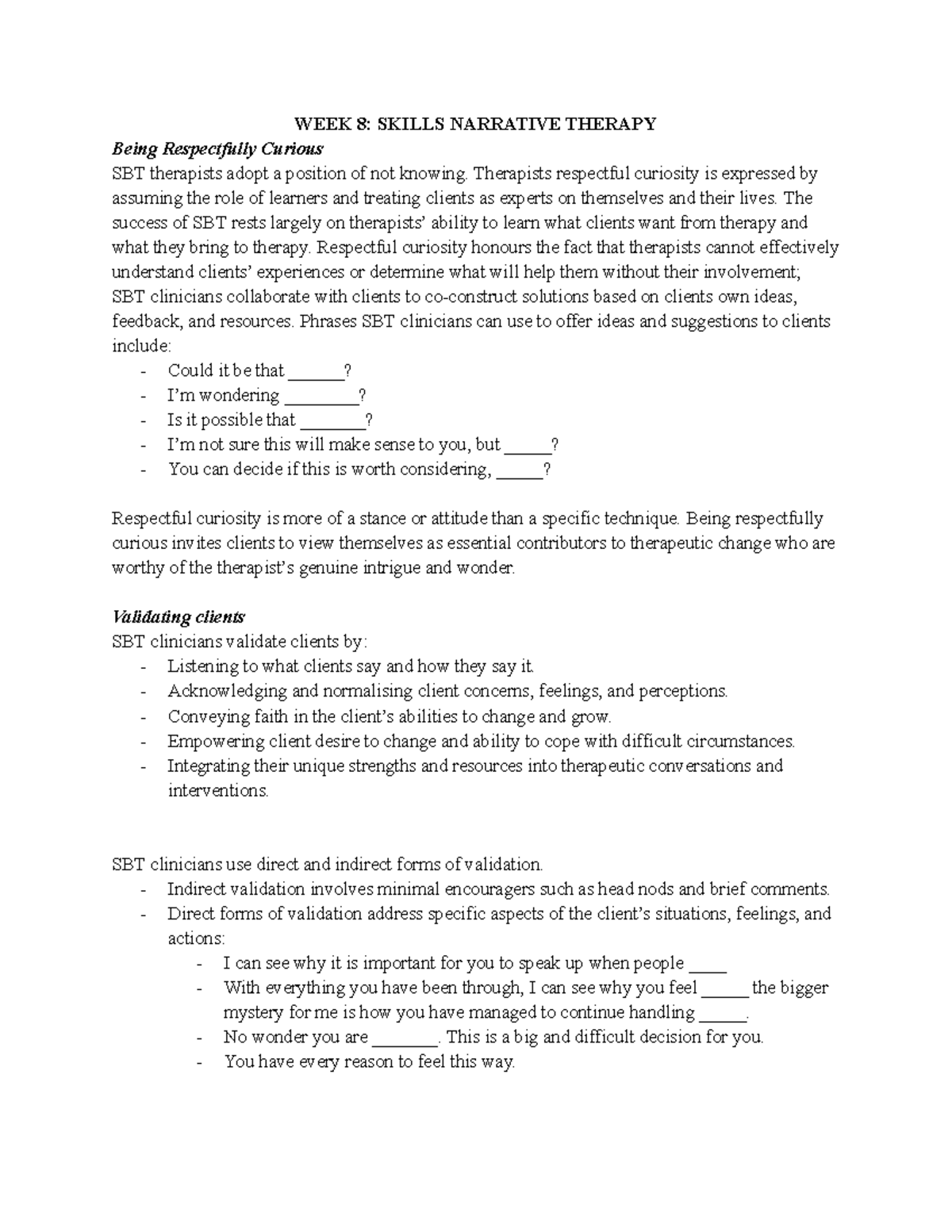 COU265 WEEK 8 Skills Narrative Therapy Notes - WEEK 8: SKILLS NARRATIVE ...