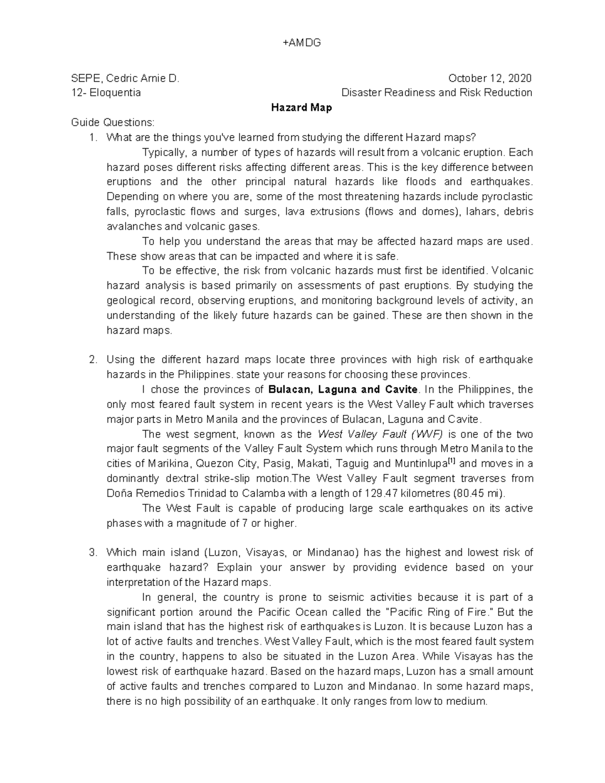 SEPE Hazard Map - DRRM Essay - +AMDG SEPE, Cedric Arnie D. October 12 ...