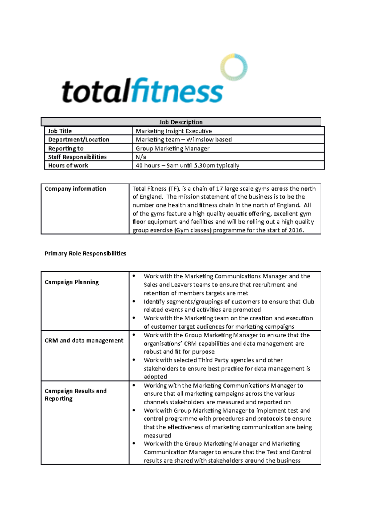 001 Market Insight Executive 2016 - Job Description Job Title Marketing  Insight Executive - Studocu