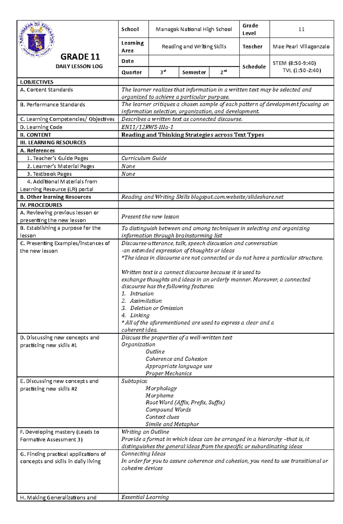 Reading and Writing DLL 20222023 GRADE 11 DAILY LESSON LOG School