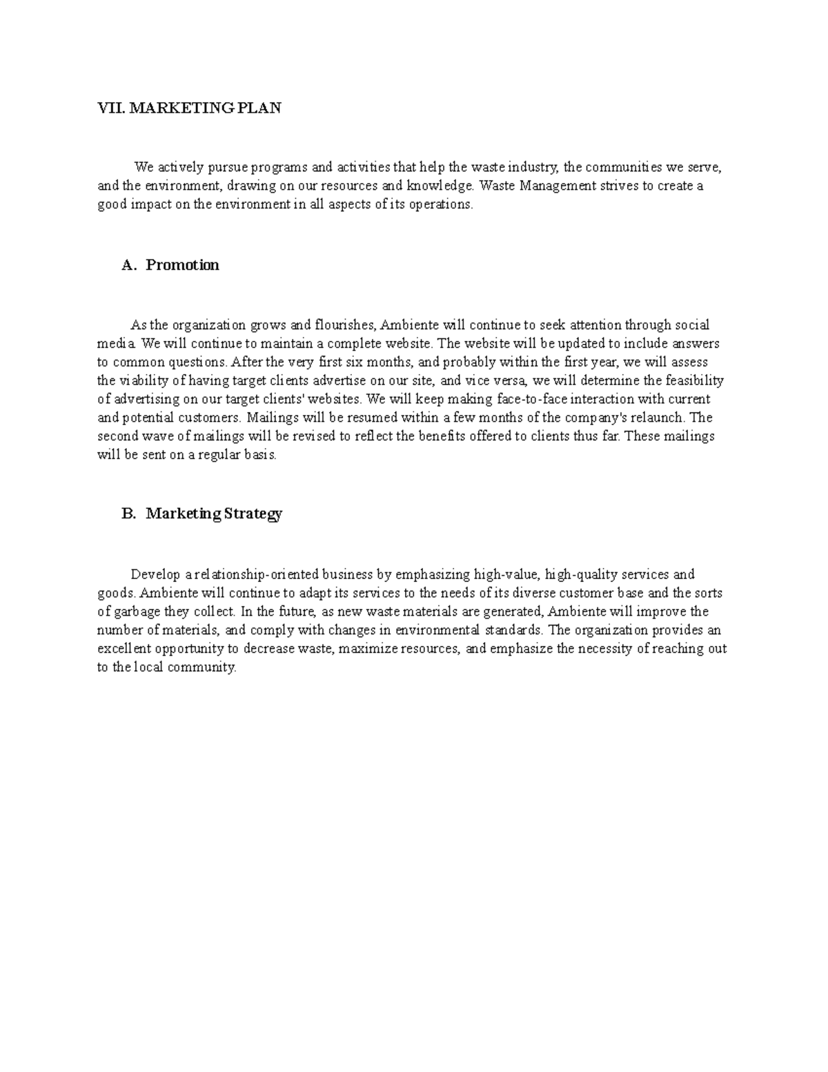 Marketing plan - ORGANIZATIONAL PLAN and ORGANIZATIONAL PLAN - VII ...