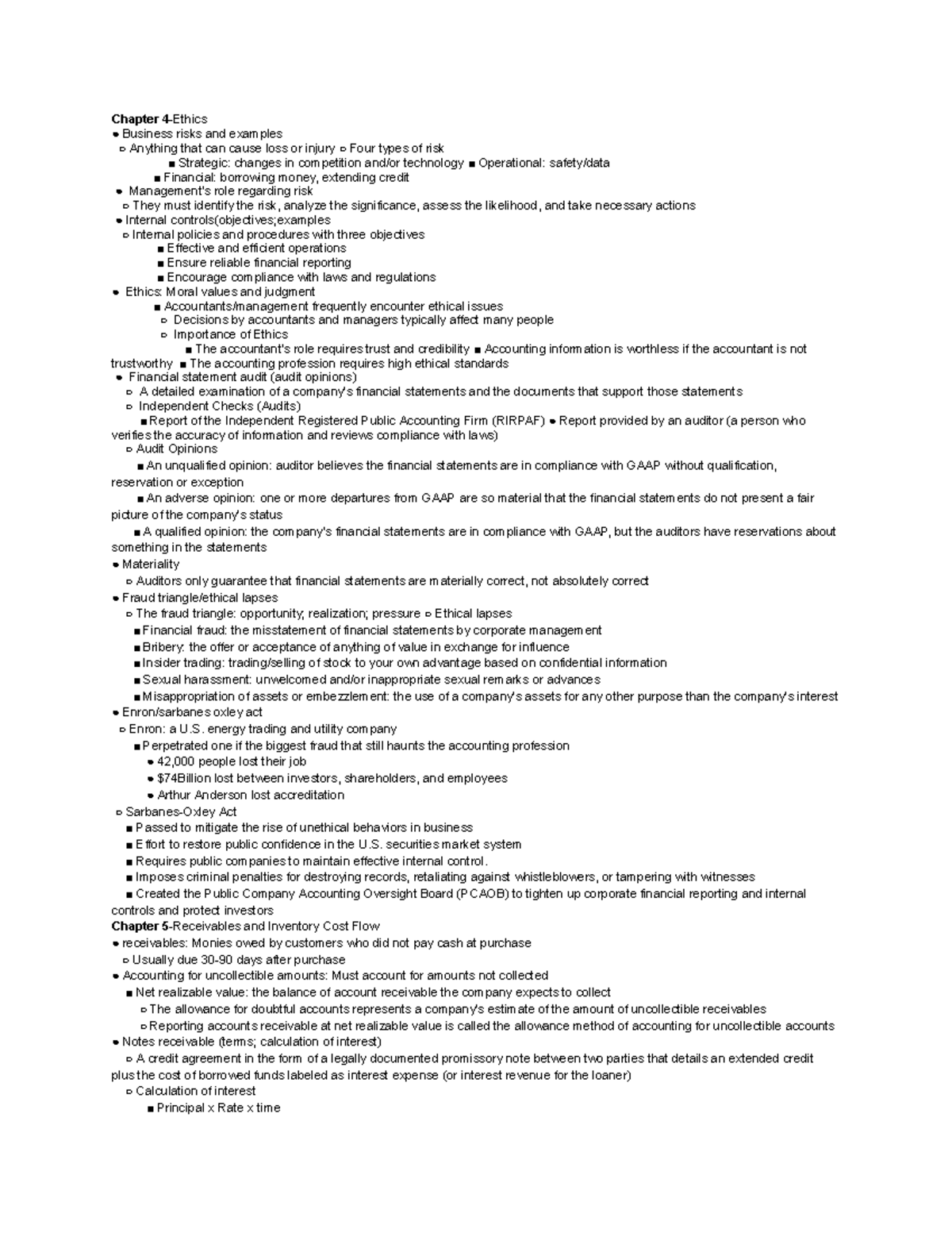 Acct exam 2 - cheat sheet - Chapter 4-Ethics Business risks and ...