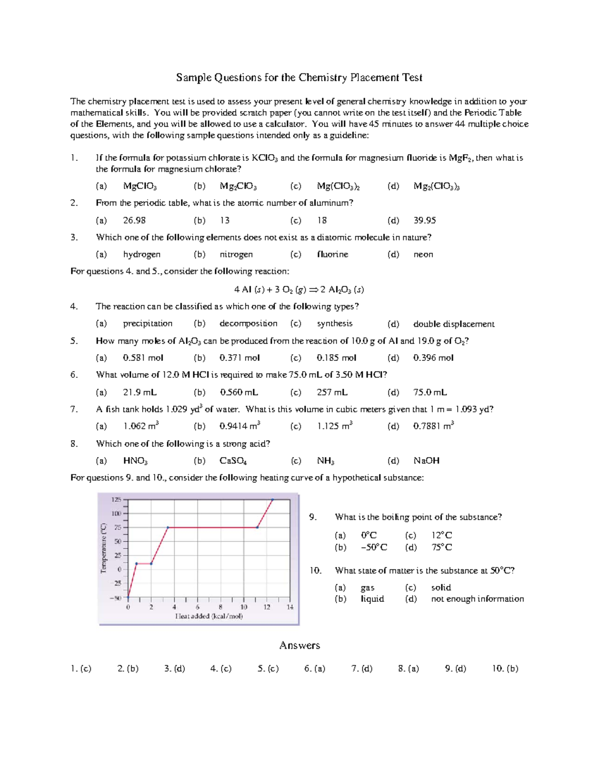 Chem practise questions - Sample Questions for the Chemistry Placement ...